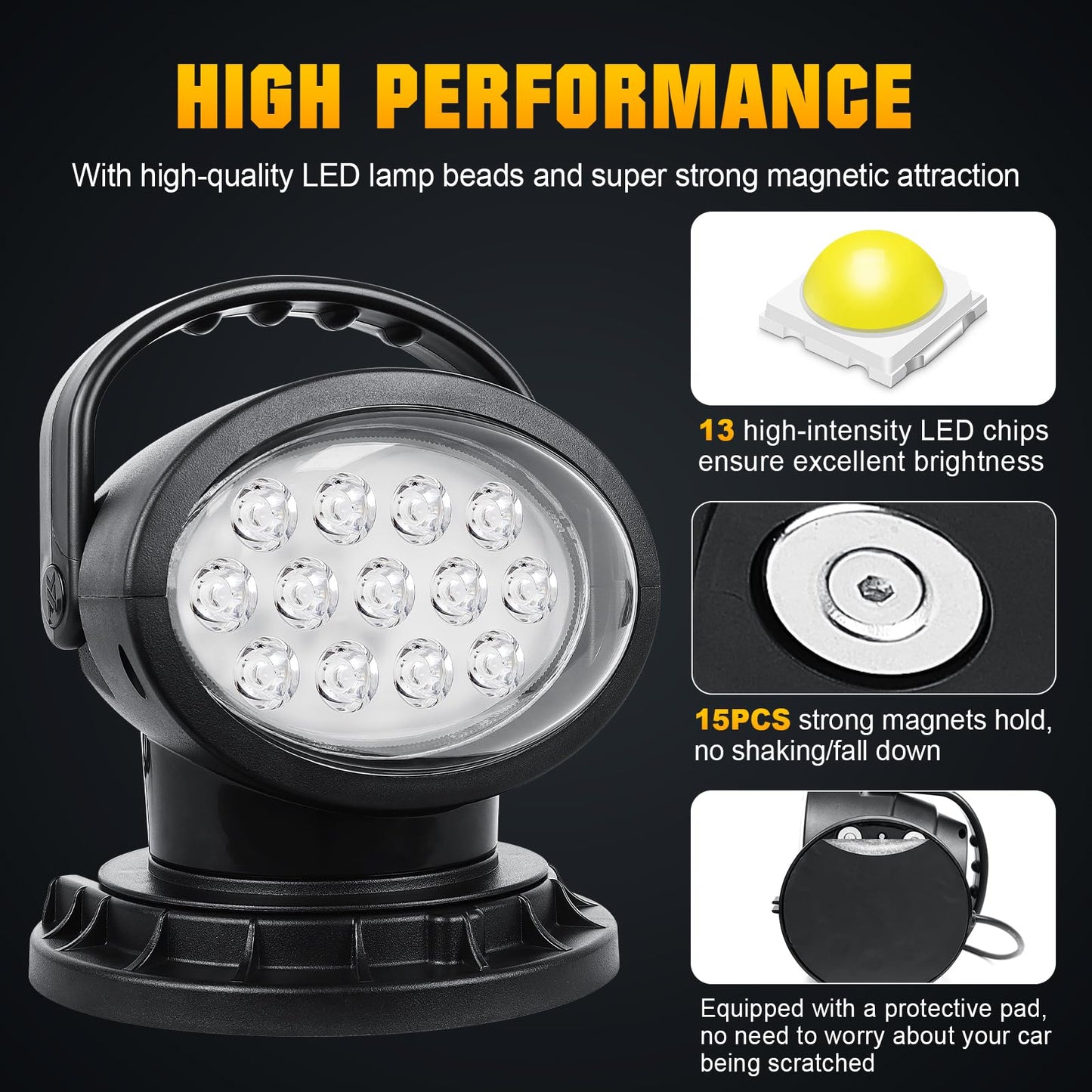 AUXTINGS 360 Degree LED Spotlight Search Light LED Rotating Remote Control Work Light with Magnetic Base for SUV Boat Home Security Protection Emergency Lighting Farm Field Garden