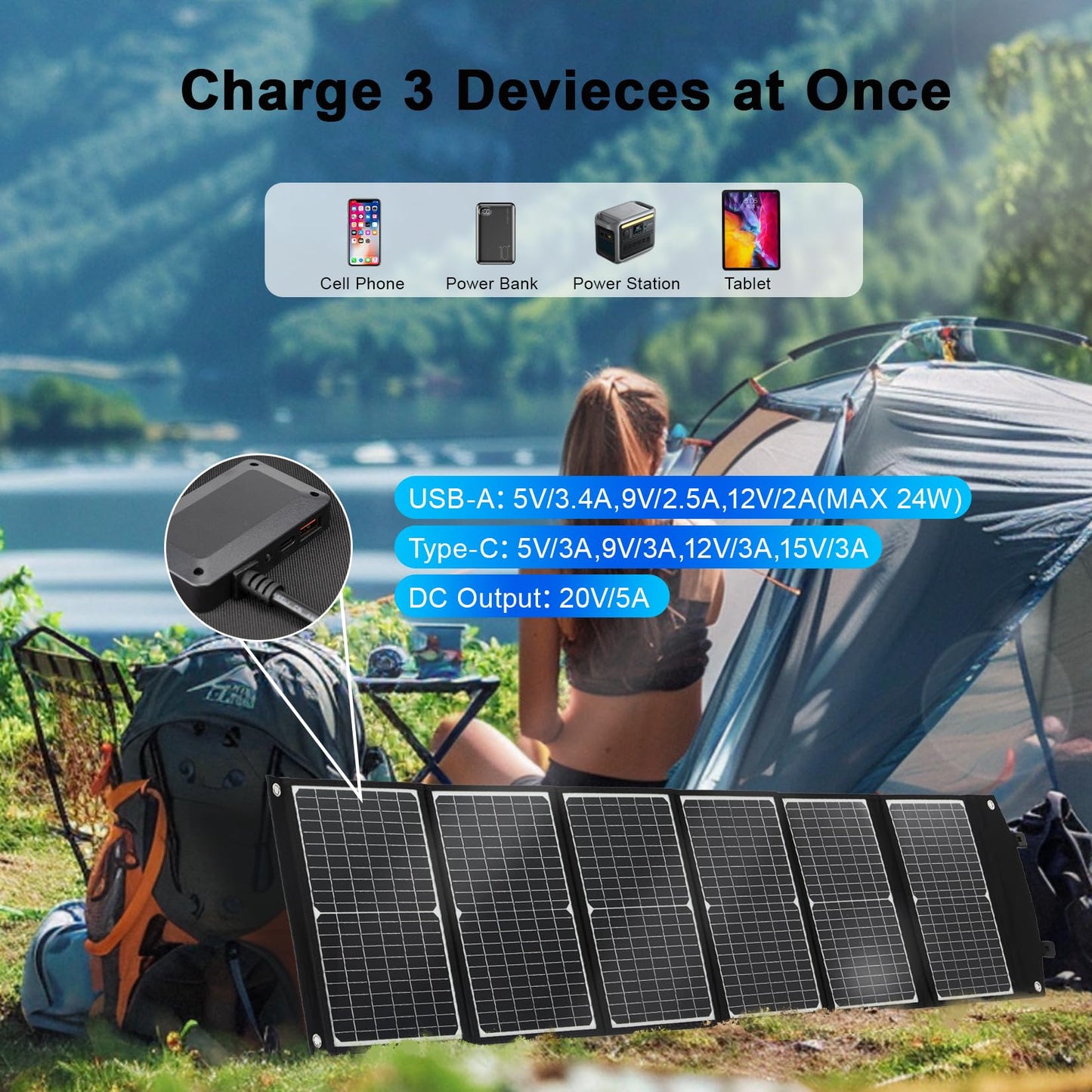 wagnation 100 Watt Portable Solar Panel, Foldable Solar Panel Charger with Kickstands, QC3.0 USB-A USB-C & DC Output for Phone/Power Station, IP65 Waterproof for Camping Backpacking Hiking RV Blackout