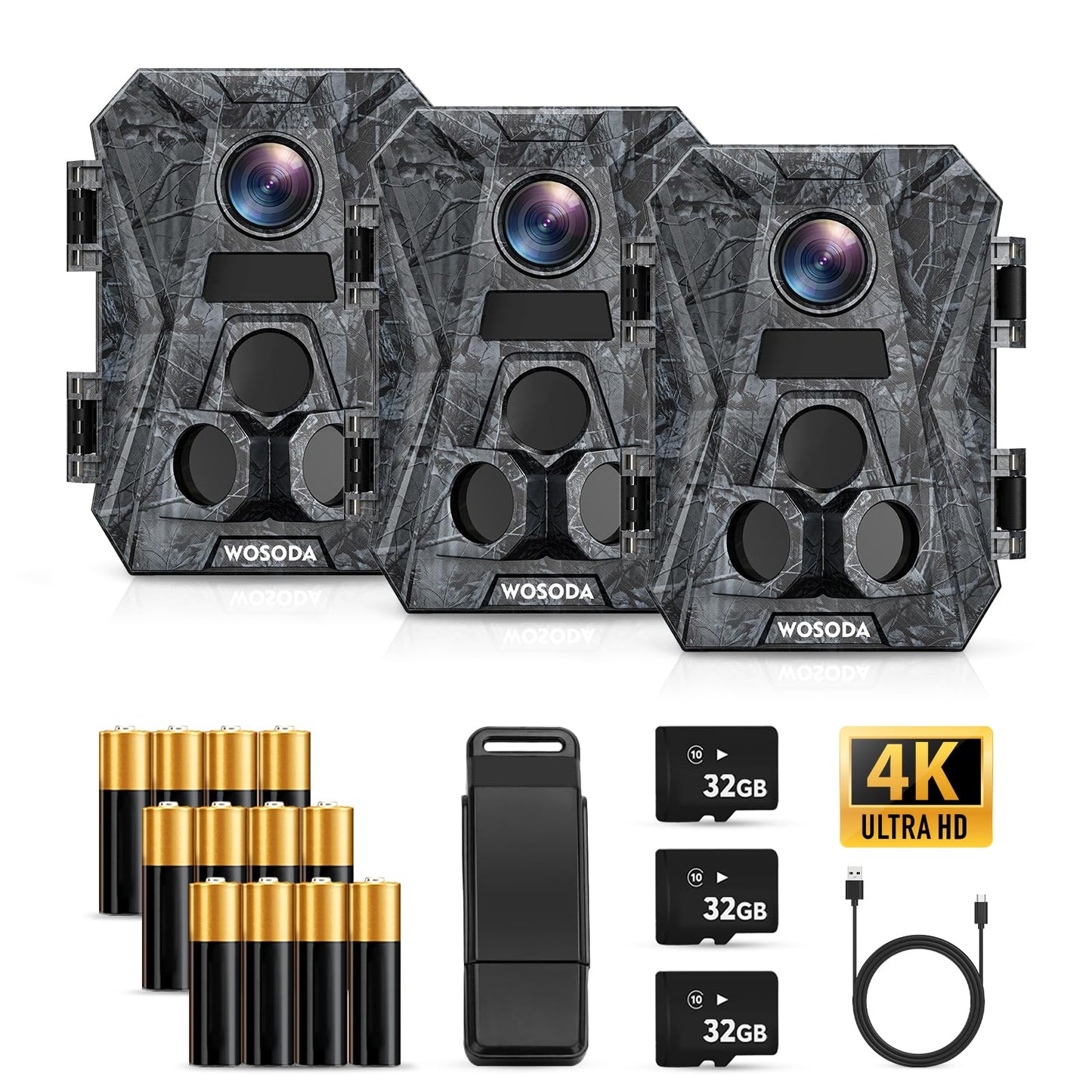 WOSODA ﻿3 Pack Trail Cameras, 48MP 4K No-Glow Night Vision Game Camera, Trail Cam with Motion Activated, IP66 Waterproof,2''LCD Screen,120° Wide Lens Wildlife Camera,Outdoor Scouting & Security