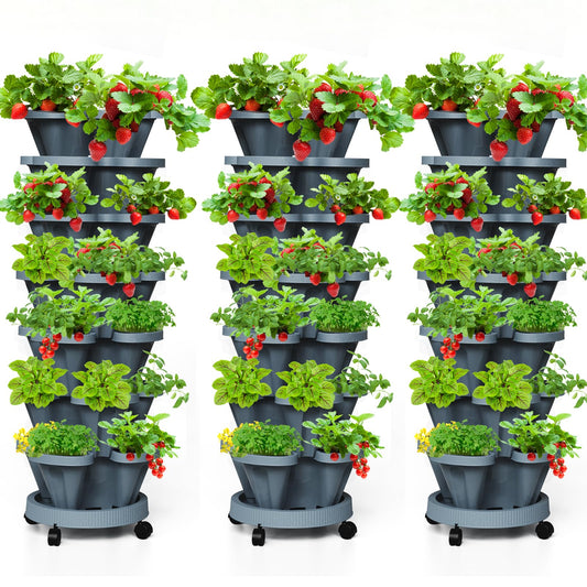 Tectsia 7 Tiered Strawberry Vertical Planter Tower Garden 3 Pack, Stackable Planter Herb Garden Planter with Movable Casters and Bottom Saucer Indoor and Outdoor - Dark Grey