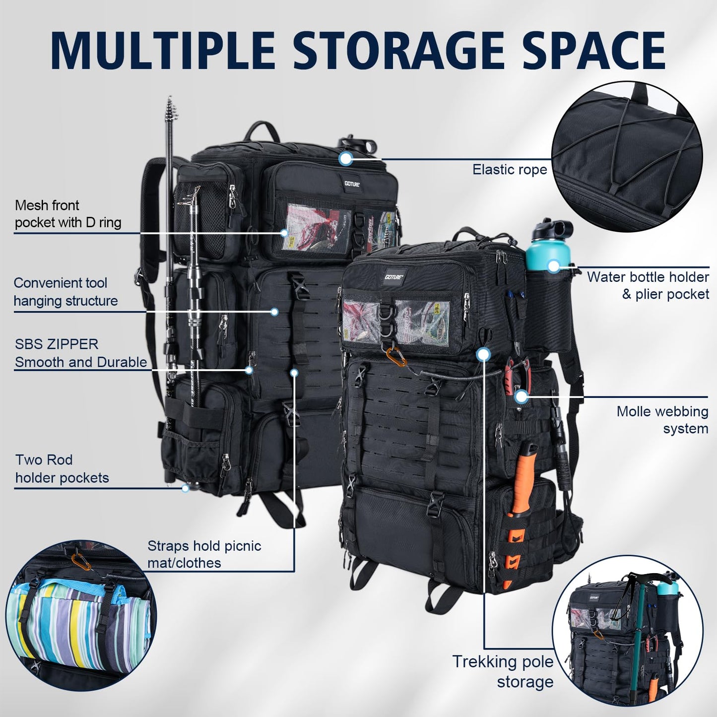 Goture Fishing Backpack with Cooler, 72L 600D Tackle Backpack Included 4 3700 Tackle Boxes, Dry & Wet Split Compartment, Large Fishing Tackle Bag with Rod Holders,Rain Cover for Travel Camping Hiking