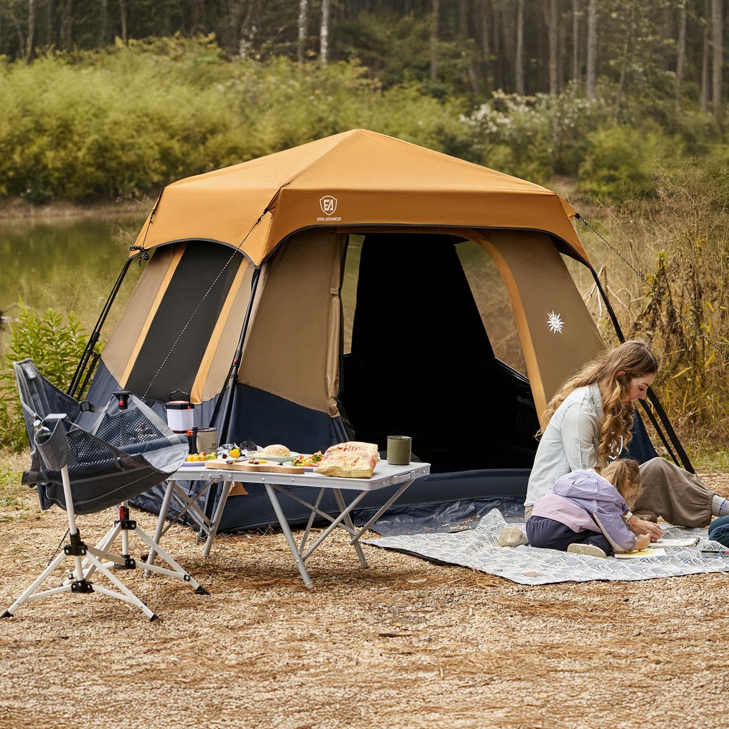 EVER ADVANCED 4 Person Blackout Camping Tent, 60s Easy Setup Instant Cabin Tent for Family, 4000mm Water-Resistant & UV Protection Light-Blocking Tent with Rainfly for Outdoor Travel, 8' x 7' x 59"