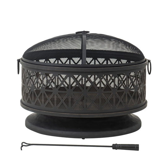 Sunjoy 30 in. Outdoor Fire Pit, Patio Black Round Wood-Burning Steel Firepit Large Fire Pits for Outside with Spark Screen and Fire Poker
