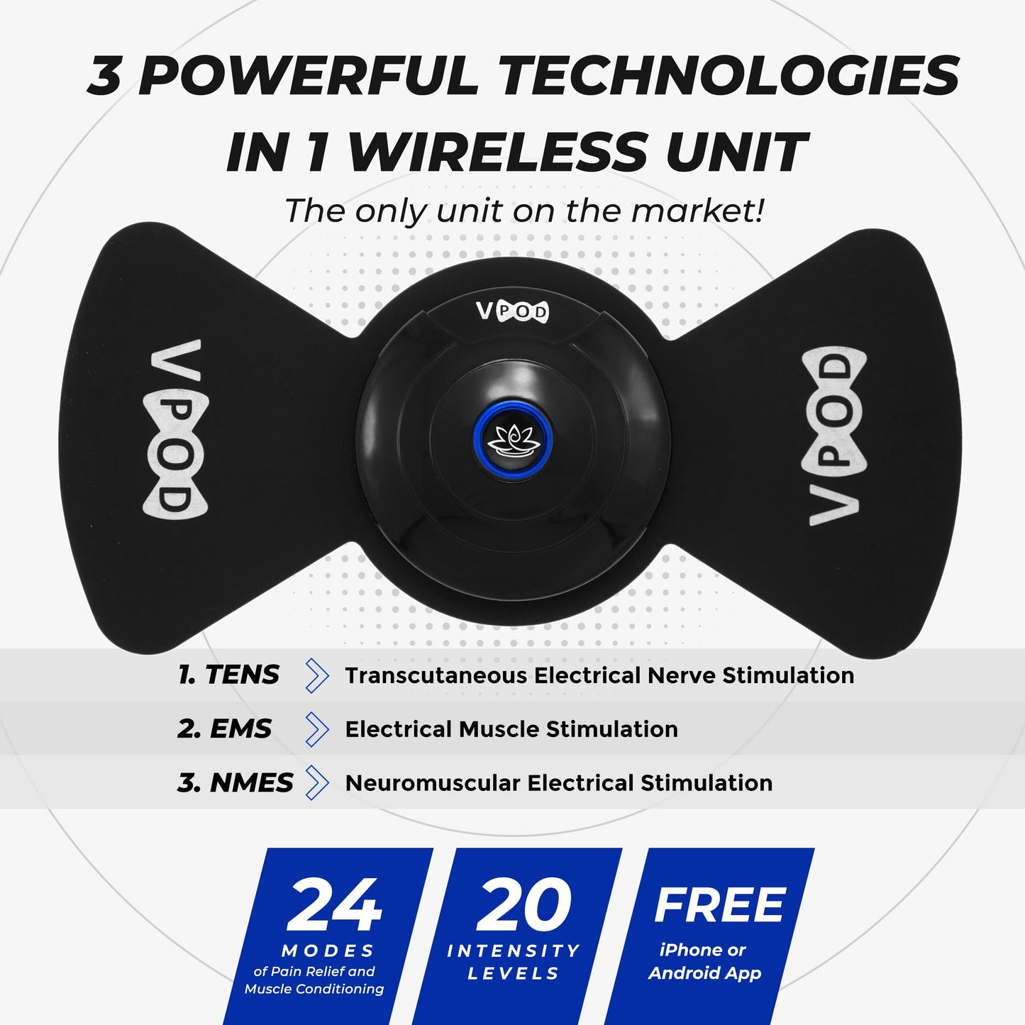 VPOD Deluxe Wireless TENS Unit Muscle Stimulator with Smartphone App Control - Bluetooth Enabled for Pain Relief Therapy - Rechargeable Portable Device for Back and Neck Pain