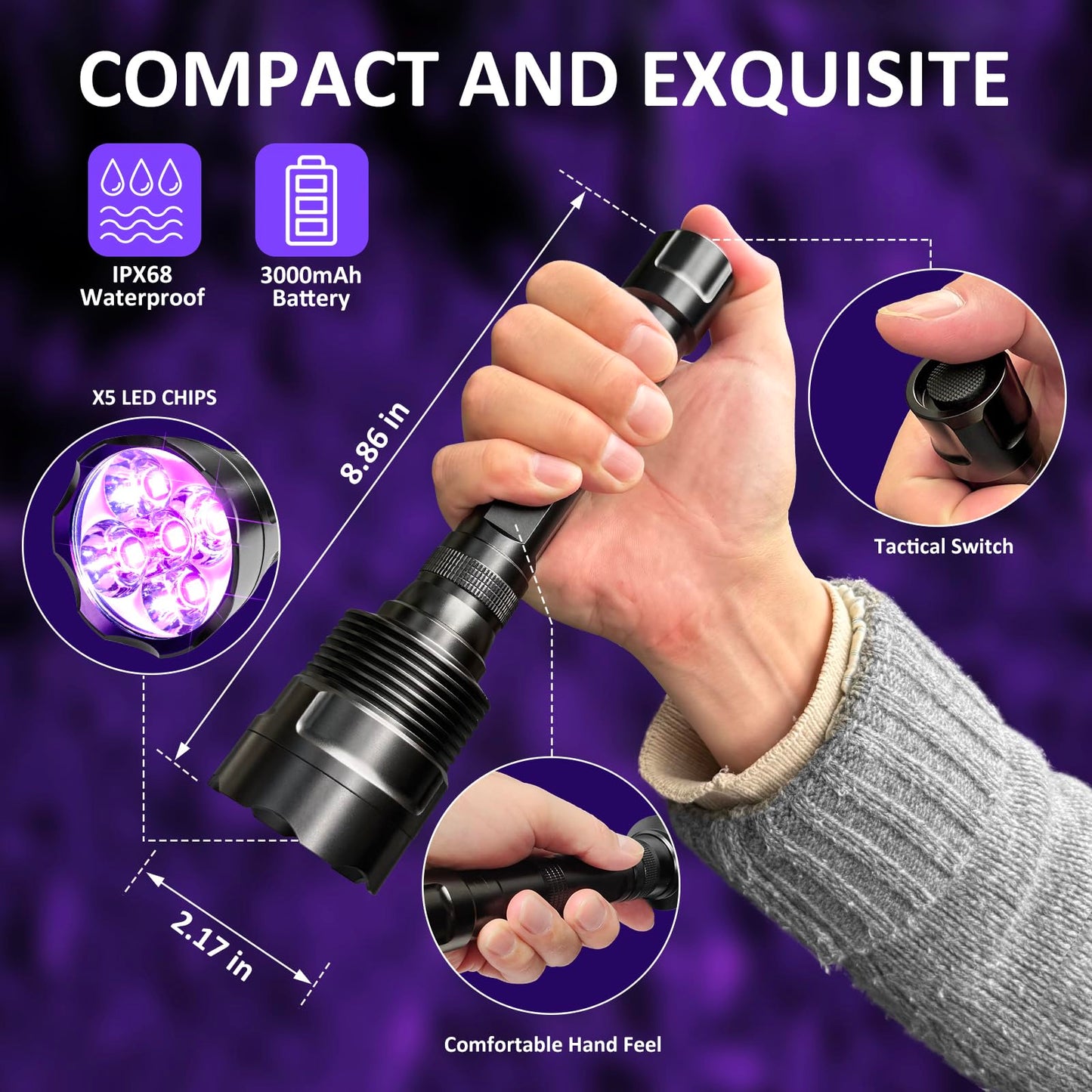 SAOPRKLER Black Light 395NM UV Flashlight for Pet Urine Detection, Scorpion Spotting, AC System Inspection and Rock Fluorescence