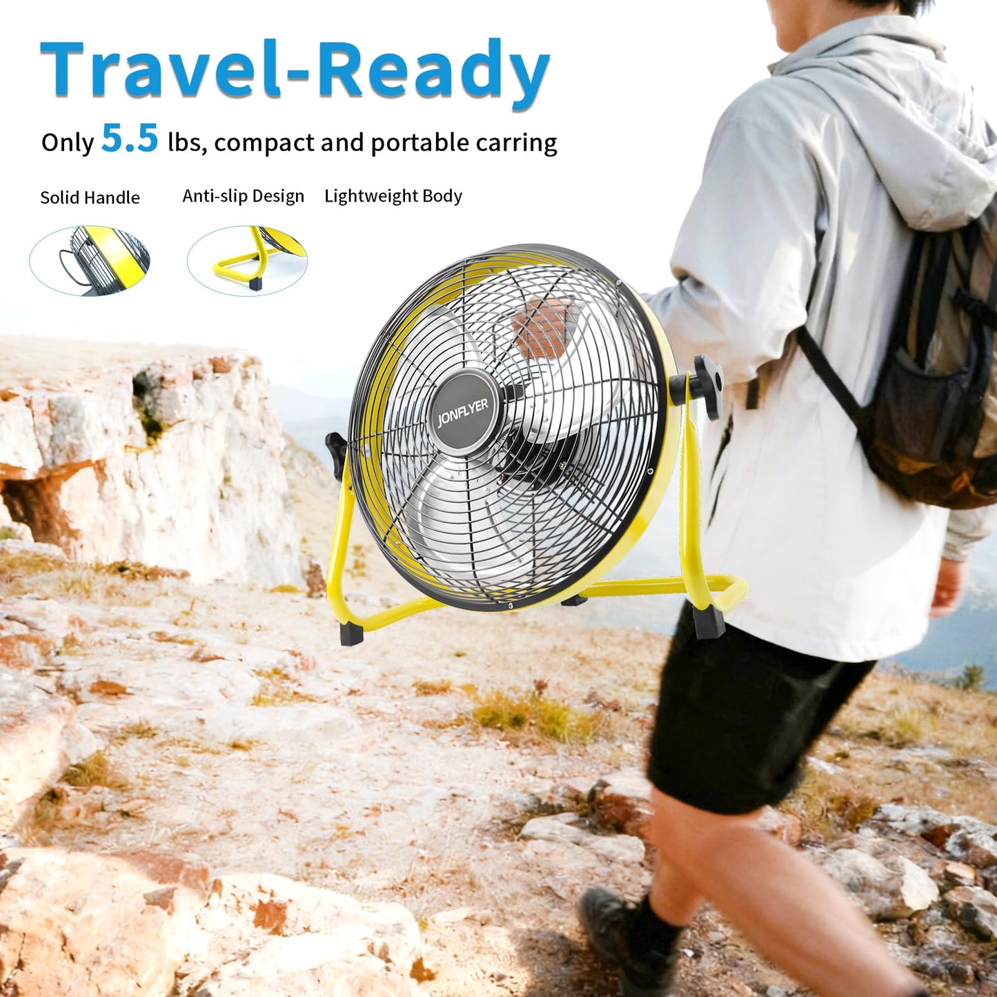 JONFLYER 12 Inch Portable Battery Operated Floor Fan, Rechargeable High-Velocity Cordless Fan with 12 Speed 360° Adjustable Tilt Quiet for Camping, Outdoor, Gazebo, Greenhouse, Gym, Garage