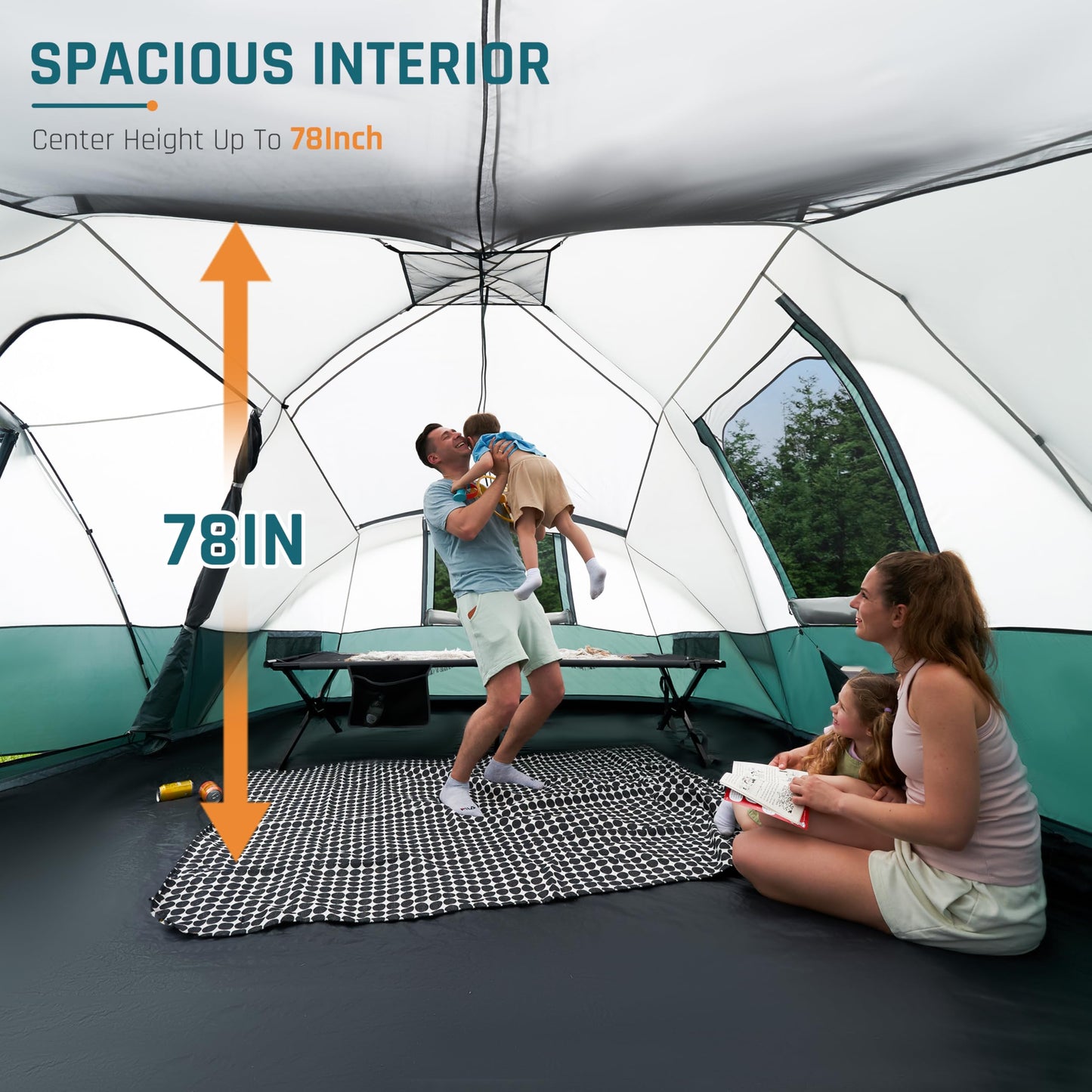 11 Person Camping Tent with Porch, Large Family Tents for Camping, PU1000MM Waterproof Tent with 5 Mesh Windows, Removable Rainfly, Reflective Windproof Rope, Big Dome Tent Fits 3 Queen Airbeds