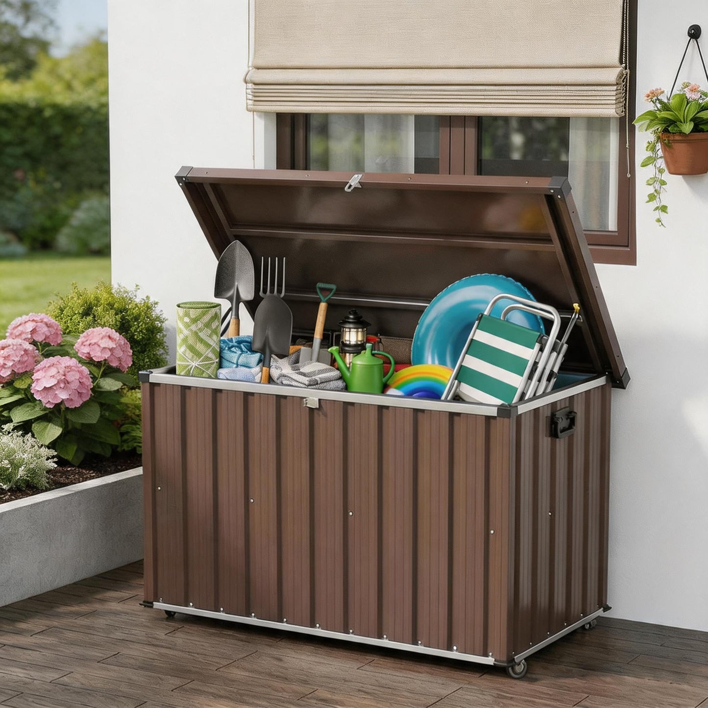160 Gallon Outdoor Metal Storage Box, Waterproof Steel Deck Box with Lockable Soft-Close Lid, Dual Gas Struts, Wheels, Handles, Large Patio Cushion Tool Pool Storage, Brown,53.15"L x 27.76"W x 29.92"H