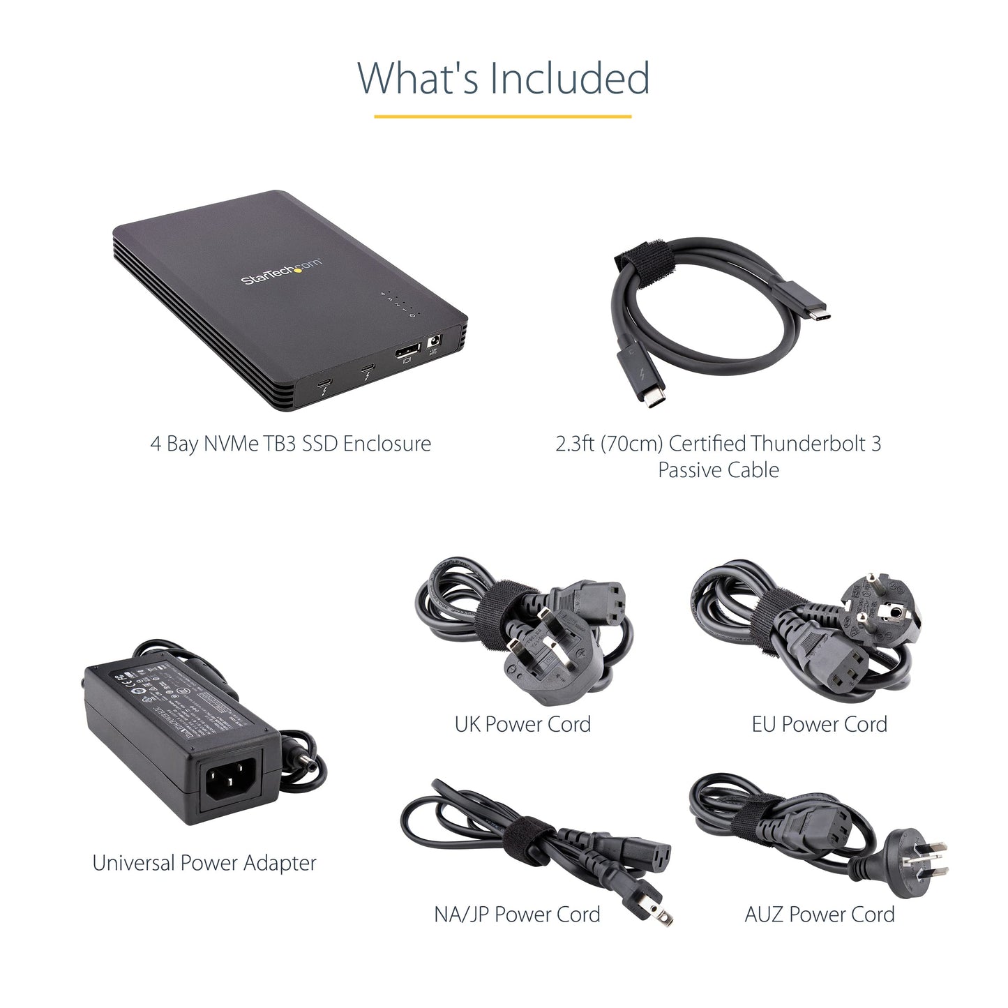 StarTech.com 4 Bay Thunderbolt 3 NVMe Enclosure, for M.2 NVMe SSD Drives, 1x DisplayPort Video/ 2X TB3 Downstream Ports, 40Gbps, 72W Power Supply, External Hard Drive Enclosure , TAA (M2E4BTB3)