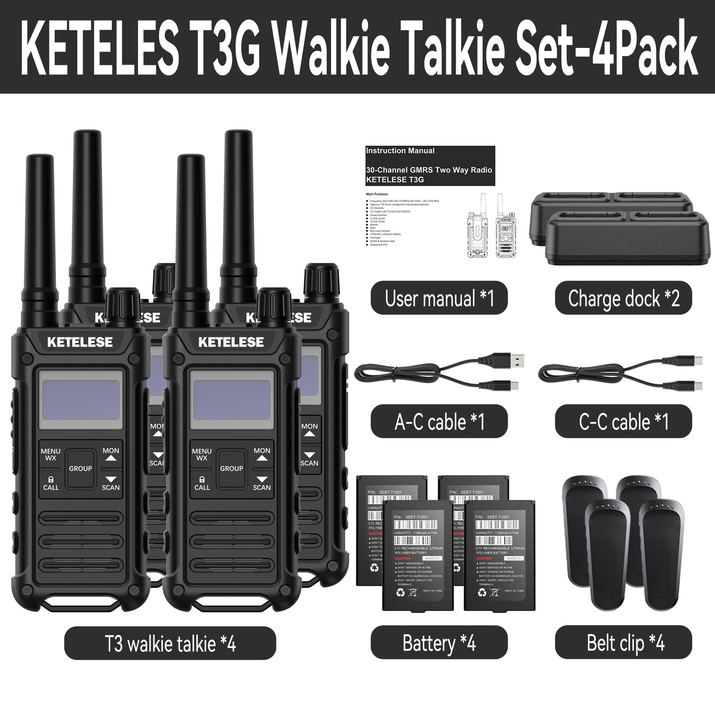KETELESE T3G IP67 Waterproof Walkie Talkies Rechargeable, Heavy Duty 2 Way Radios with Earpiece and Mic, Dock, USB, NOAA Weather Alert, Group PTT (4 Pack), Black/Grey