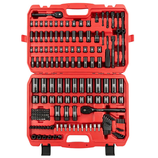 LLNDEI 1/4 & 3/8 Inch Drive Impact Socket Set, 186 Pieces Metric and Standard Full Sockets, CR-V Deep & Shallow Sockets Tool Set with Ratchet Wrench Handle, Spark Plug Socket, Bits for Mechanic