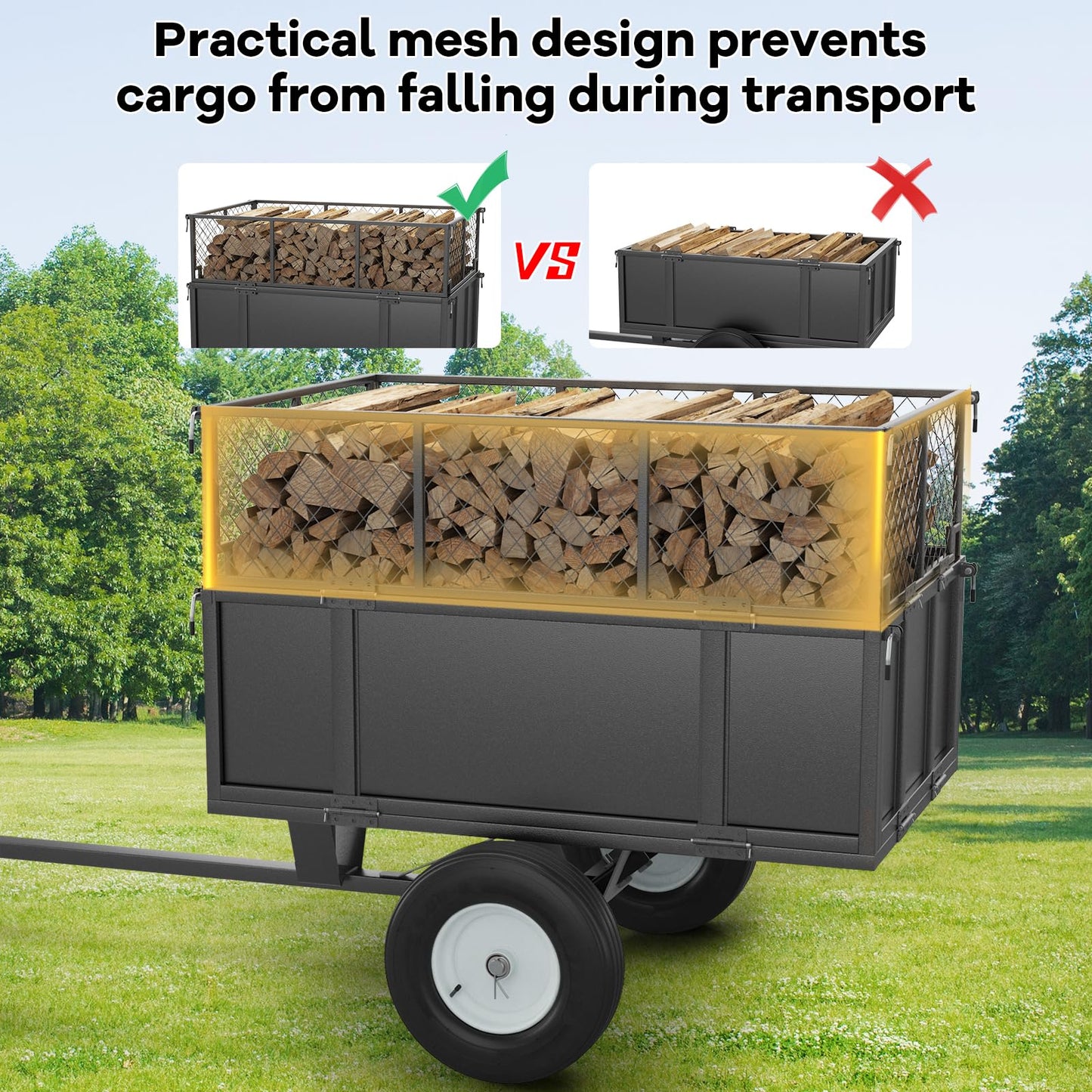GarveeLife Heavy Duty 750 lbs Steel Garden Dump Cart for ATV/UTV – 17 Cu Ft Utility Trailer – Removable Sides, Pneumatic Tires, Quick-Dump – Yard Cart for Lawn Tractor, Mower, Farm & Landscaping