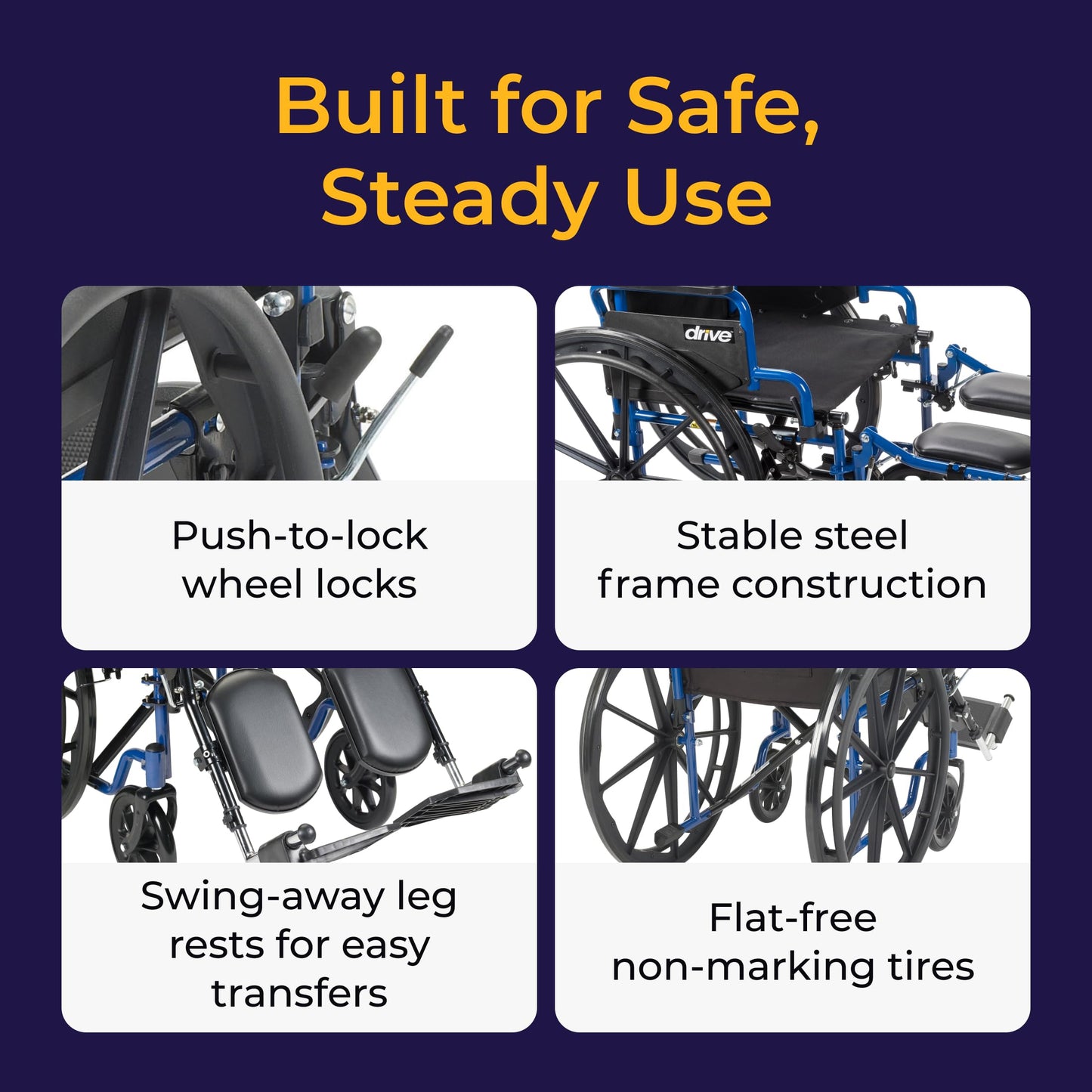 Drive Medical Blue Streak Lightweight Foldable Wheelchair - Enhanced Mobility Support - Durable Construction - Padded Comfort - Swing-Away Leg Rests - Desk Arms - Blue/Black - 18 Inch Seat
