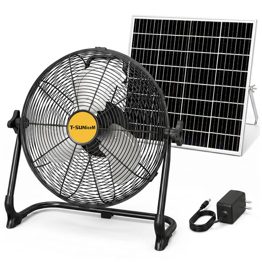 T-SUNiceM 12" Solar Powered Fan for Tent Camping, RV Trips & Patio, Rechargeable Cordless Floor Fan with Solar Panel, USB Output for Bedside Backup, Porch, Greenhouse, Chicken Coop