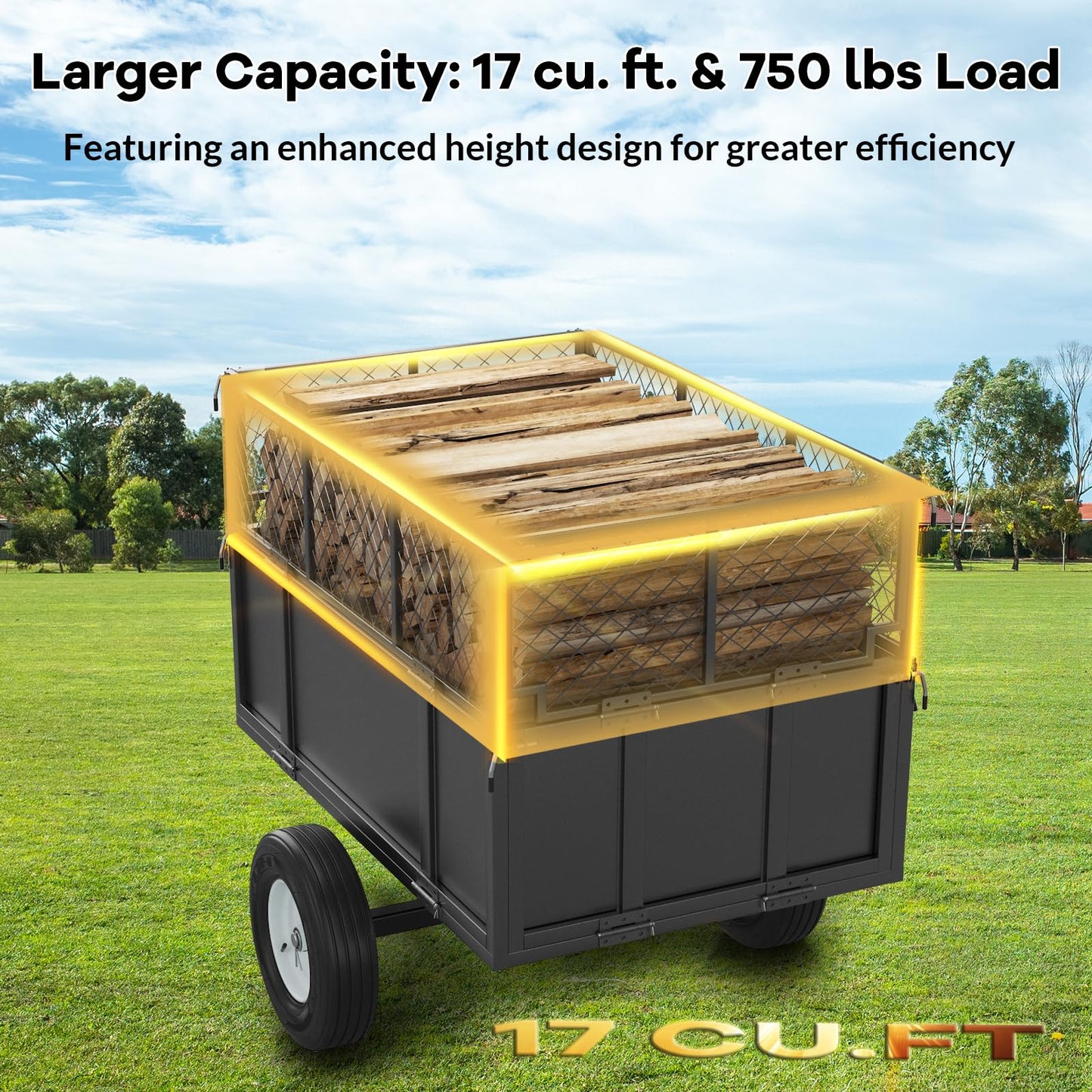 Garvee GarveeTech Heavy Duty 750 LBS Utility Trailer – 17 Cu Ft ATV Dump Trailer with Removable Sides, Pneumatic Tires & Quick-Dump Pull-Behind Yard Cart for Tractors, UTV, Lawn Mowers