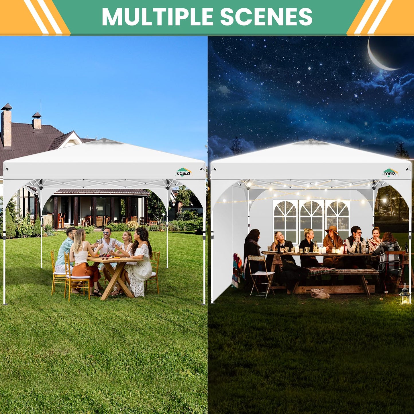 COBIZI 10x10 Pop Up Canopy Tent, Outdoor Party Tent with 3 Sidewalls, 1 Person Easy Set up, Tents for Parties with Fluorescent Strip & 4 Sandbags, Waterproof UPF50+, 3 Adjustable Height, White
