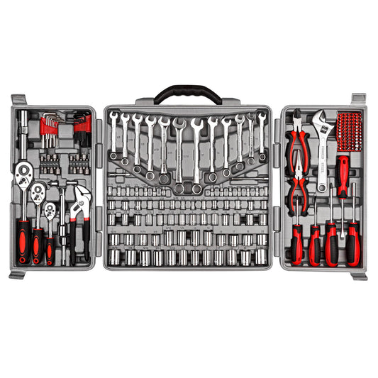 CARTMAN 205 Piece Ratchet Wrench Tool Set 1/4" & 3/8" & 1/2" Drive with SAE/Metric Sockets Kit in Plastic Toolbox