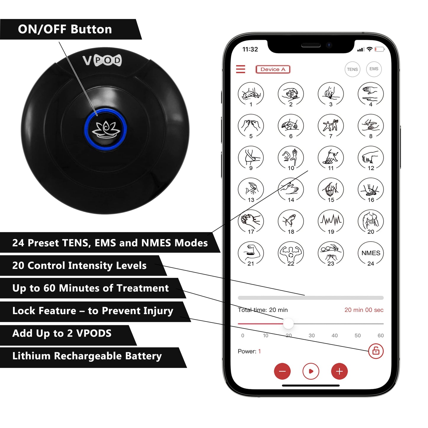 VPOD Deluxe Wireless TENS Unit Muscle Stimulator with Smartphone App Control - Bluetooth Enabled for Pain Relief Therapy - Rechargeable Portable Device for Back and Neck Pain
