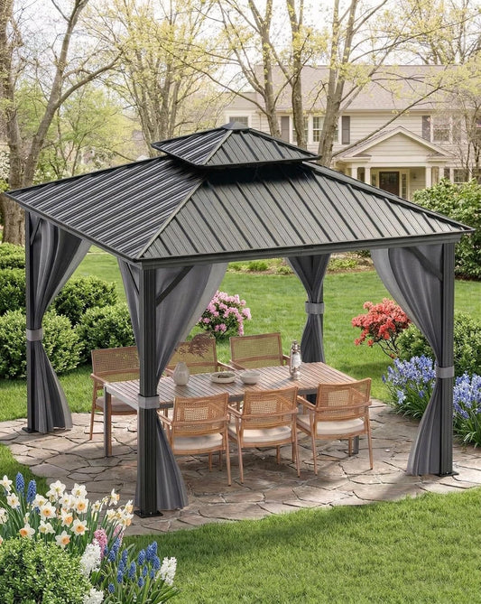 12'X12' Hardtop Gazebo, Outdoor Double Roof Galvanized Steel Gazebo, Aluminum Heavy-Duty Steel Top Canopy with Mosquito Net & Privacy Curtain for Patio, Porch, Garden, Lawn, Deck, Backyard,Gray