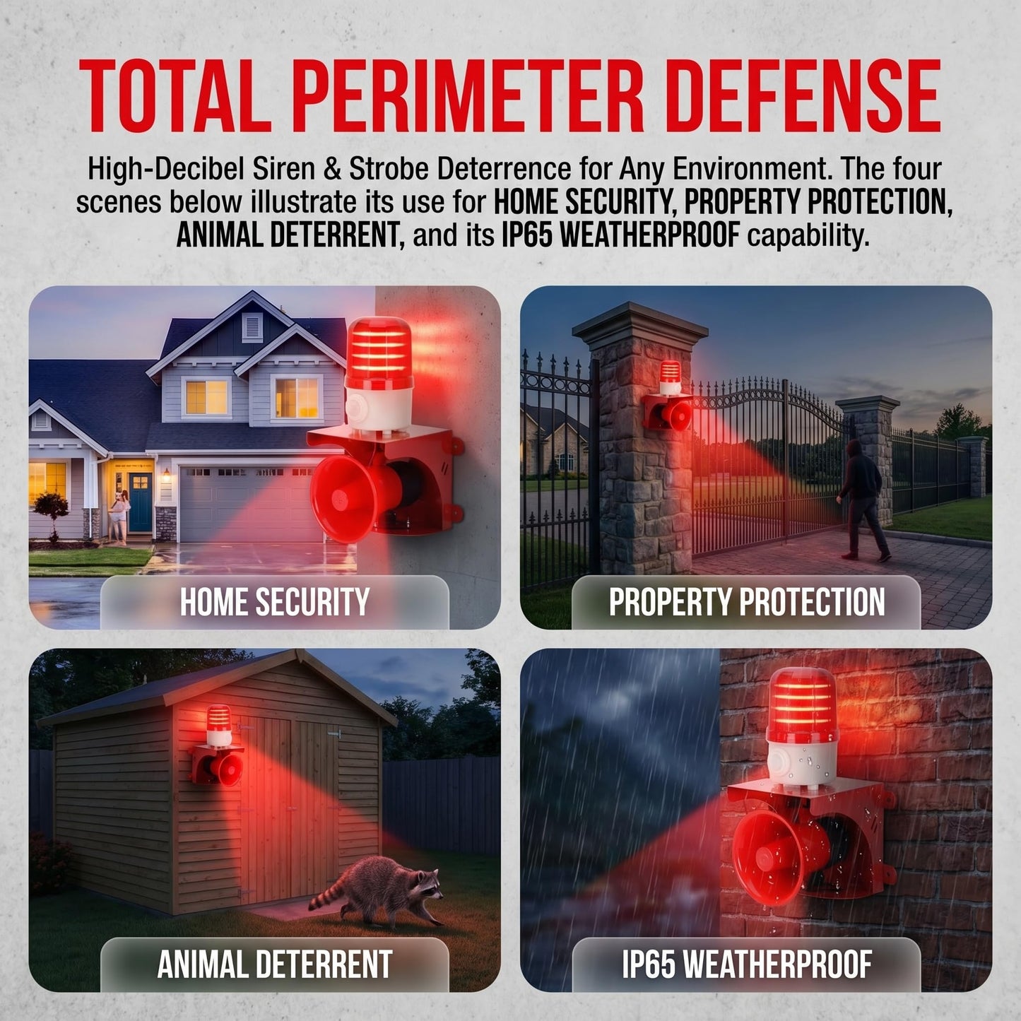 Motion Sensor Alarm with Human Detection, 120dB Loud Siren & LED Strobe for Home Defense, Outdoor Security, Property Protection, AC110V Plug