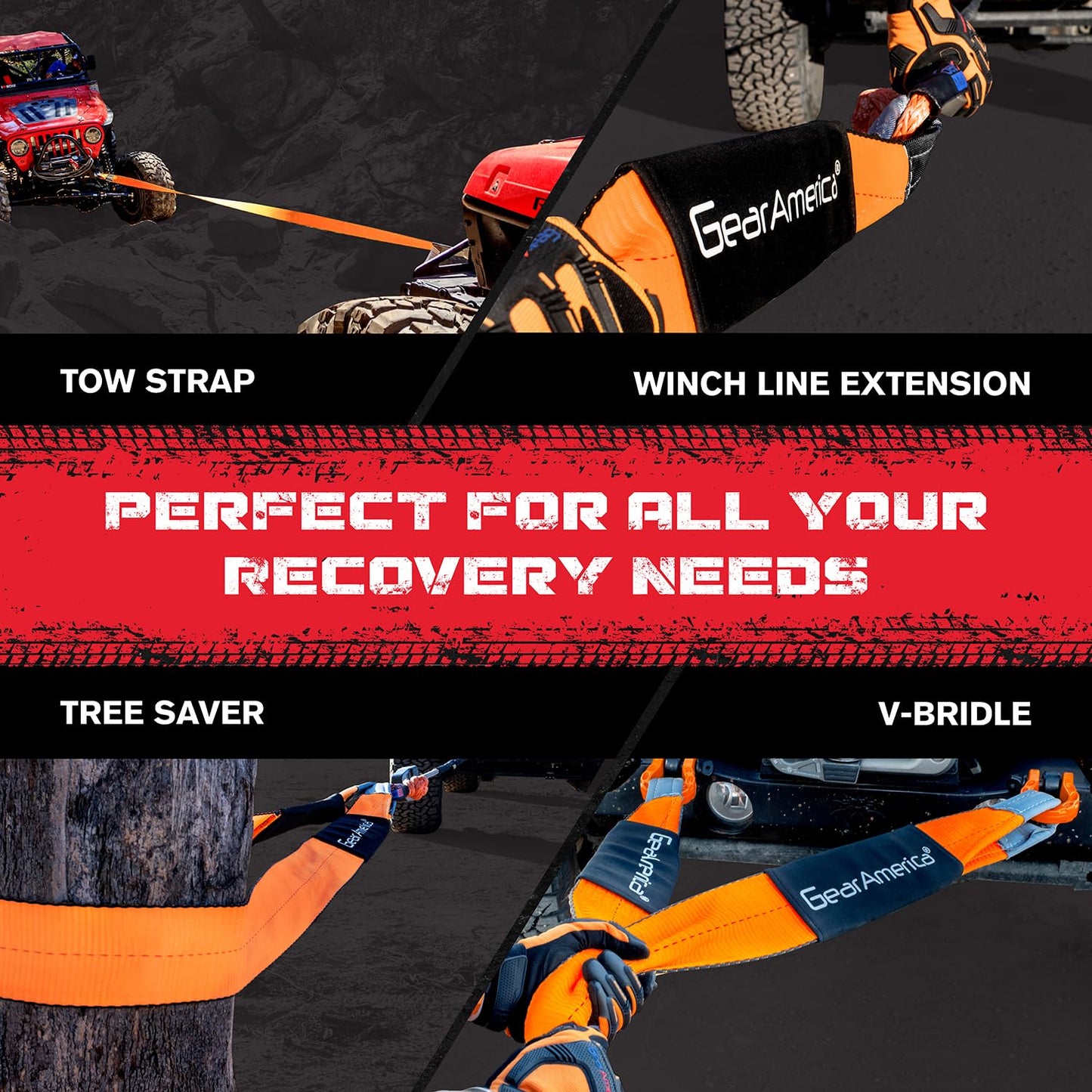 GearAmerica Off Road Recovery Kit, 9 Ton, Includes Tow Strap, Tree Saver, Snatch Block Pulley, D-Ring Shackles, Winch Line Dampener Bag, Gloves - Off Road Recovery Gear, 4x4, Black