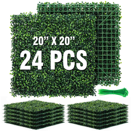 KASZOO 24 Pack 20"x20" Grass Wall Panels - Artificial Boxwood Panels for Greenery Wall Backdrop, Faux Greenery for Indoor Outdoor Decor, Garden Fence, Wedding, Privacy Screen, 66 Sq. Ft. Coverage