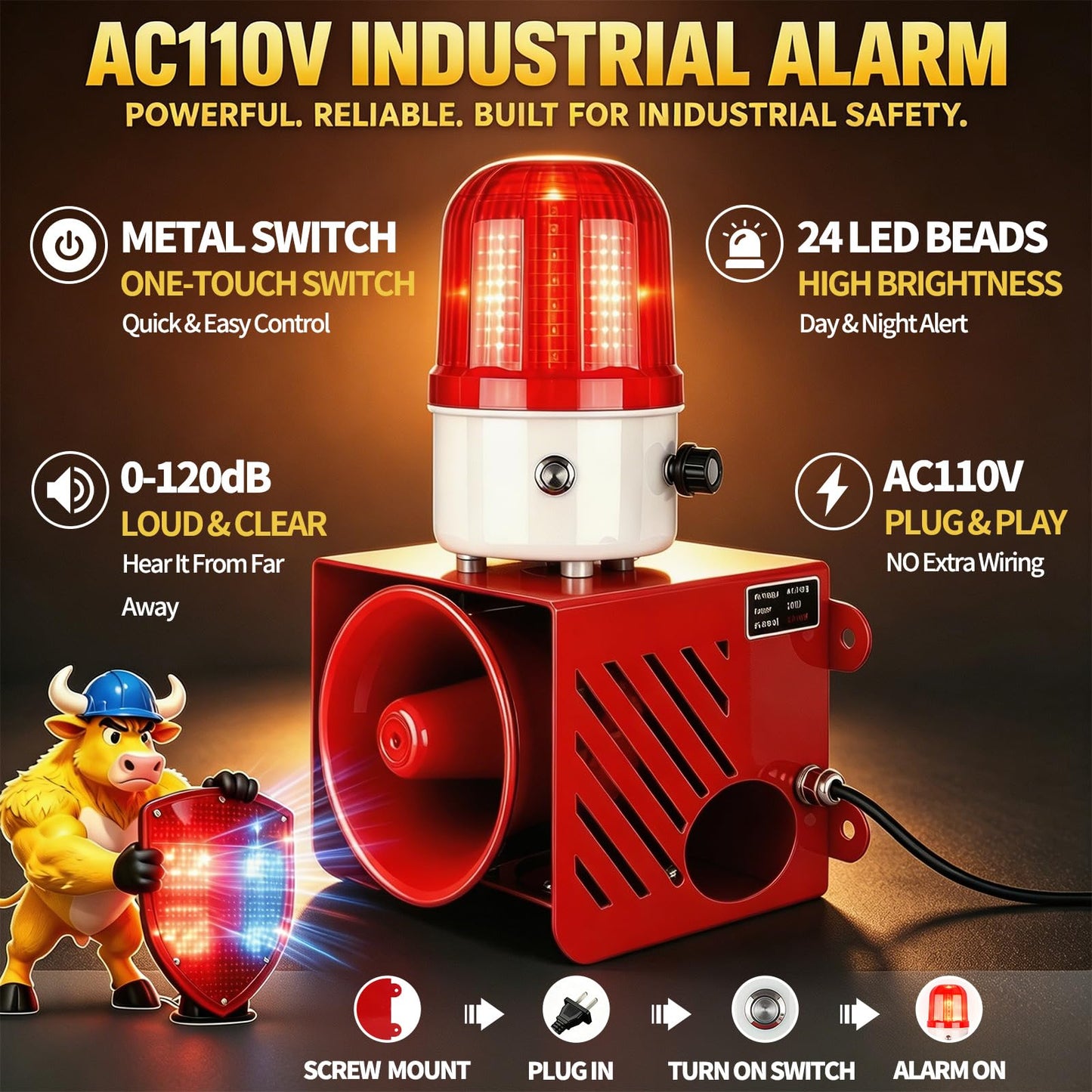 AC110V 120dB Industrial Siren Alarm Strobe Light Waterproof Red Warning Beacon Adjustable Volume Plug-in Manual Control for Indoor Outdoor Security,Factory,Garage (AC110V Red)