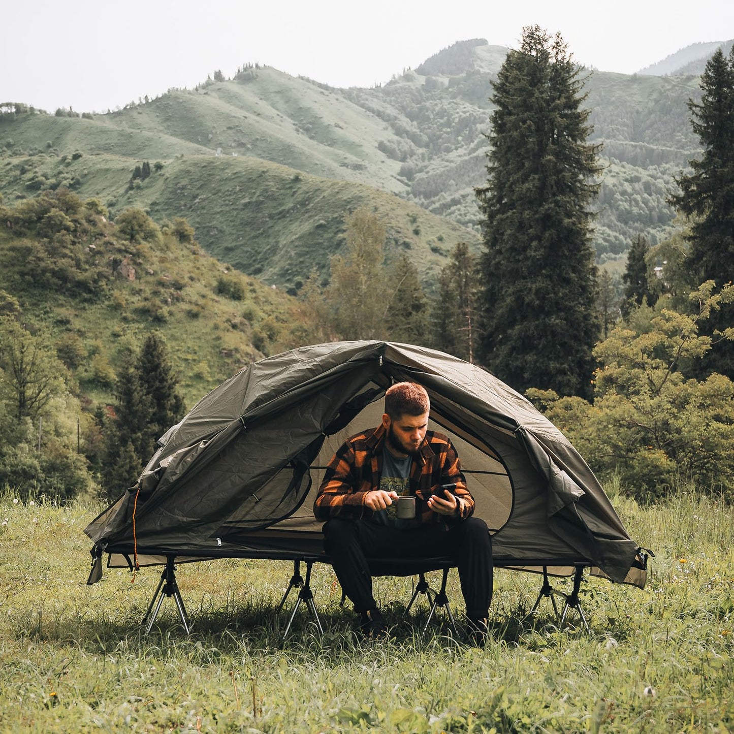 Night Cat Camping Cot Tent with Self-Inflatable Camping Pillow 1-Person Off-Ground Combo Cot Bed for Adults Portable Easy Set-up Tent