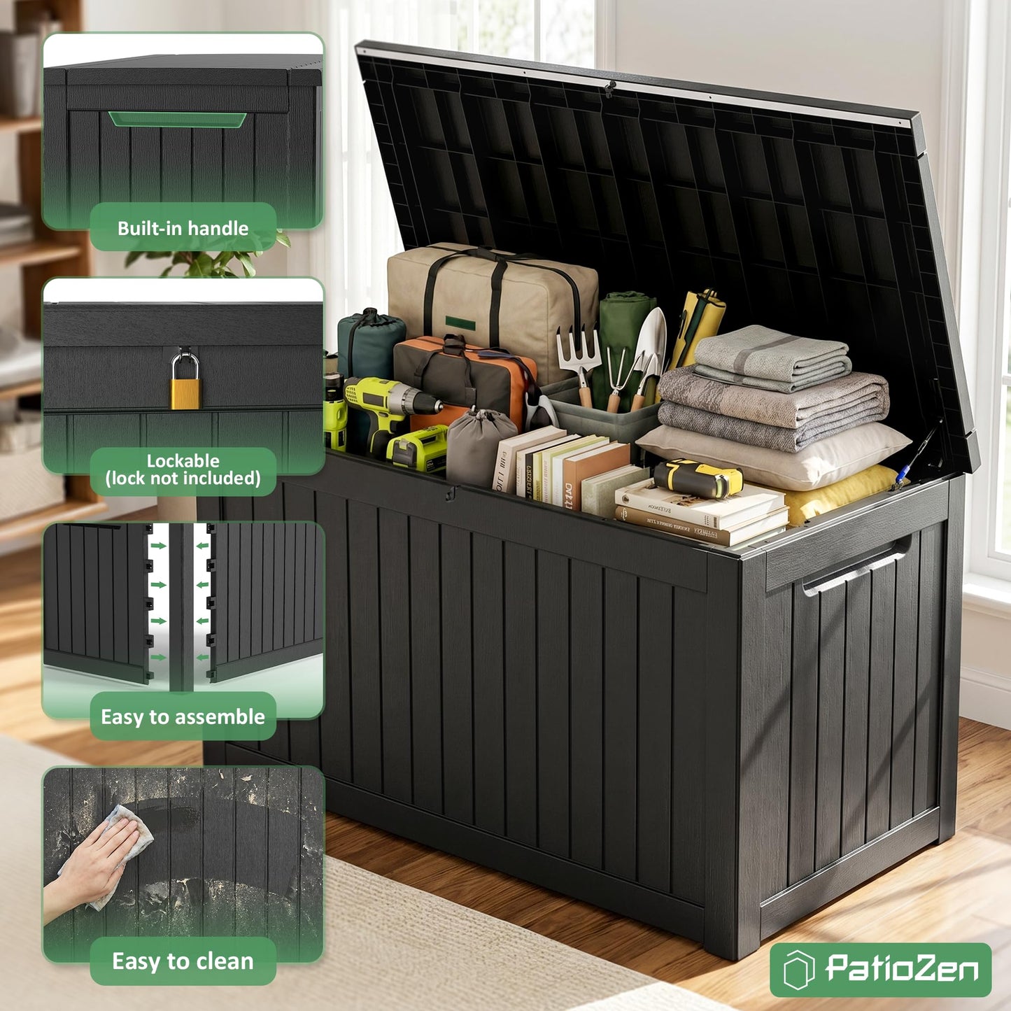 PatioZen 280 Gallon Deck Box Outdoor Storage Box, Waterproof and UV Resistant, Lockable&Resin for Patio Cushions Storage Furniture, Garden Tools, Pool Supplies(Black, 280 Gallon)