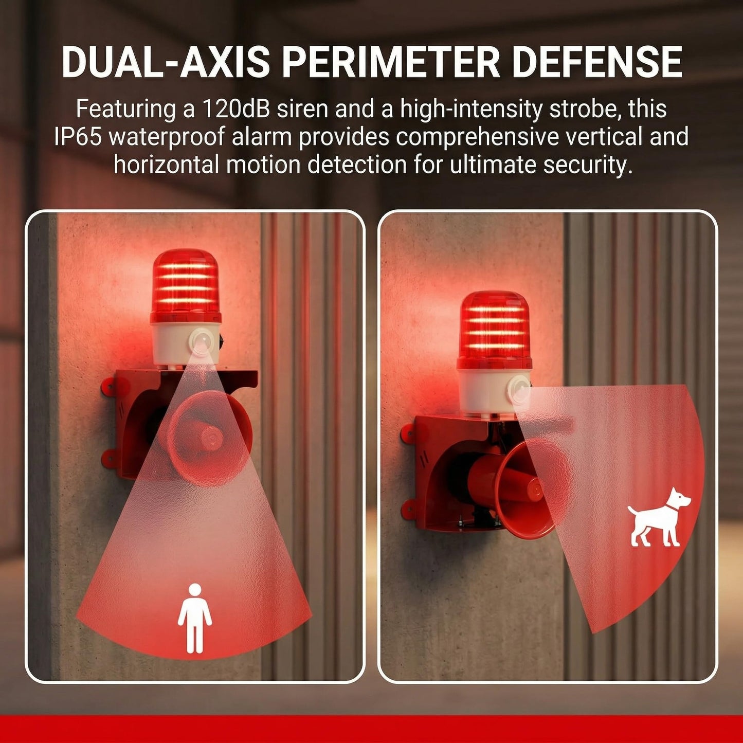 Motion Sensor Alarm with Human Detection, 120dB Loud Siren & LED Strobe for Home Defense, Outdoor Security, Property Protection, AC110V Plug