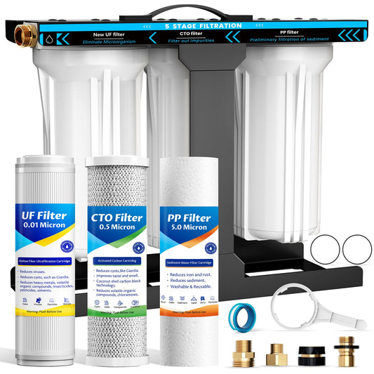 RV Water Filter System,5-Stage RV Water Filter System 0.01 Micron Filtration, 1/2"Inlet/Outlet, Reduces Sediments, Chlorine, VOCs, Heavy Metals & Odors, Ideal for RVs, Campers, Travel Trailers, Boats