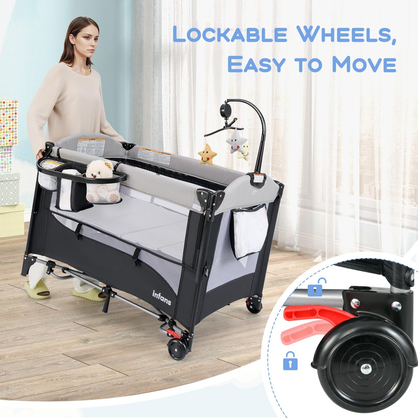 INFANS Pack and Play, 5 in 1 Baby Bedside Sleeper with Bassinet, Diaper Changer, Mattress, Carry Bag, Music Box Hanging Toys, Foldable Bedside Crib, Portable Playard for Newborn Toddlers (Gray)