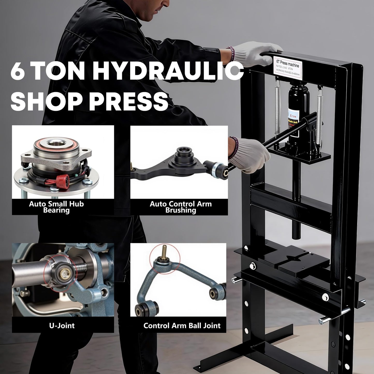6 Ton Hydraulic h-Frame Shop Press, Heavy Duty Press with Adjustable Table & Stamping Plates for Auto Repair, Garage, Metalworking, Industrial Use - Black