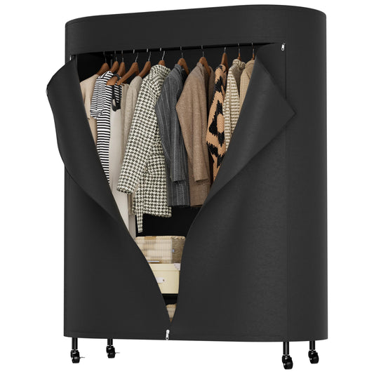 Clothes Rack with Cover, Heavy Duty Portable Closet for Hanging Clothes, Rolling Clothing Closet, Garment Rack with Wheels&Side Hooks, Closet Organizers and Storage with Black Cover, Max Load 380LBS