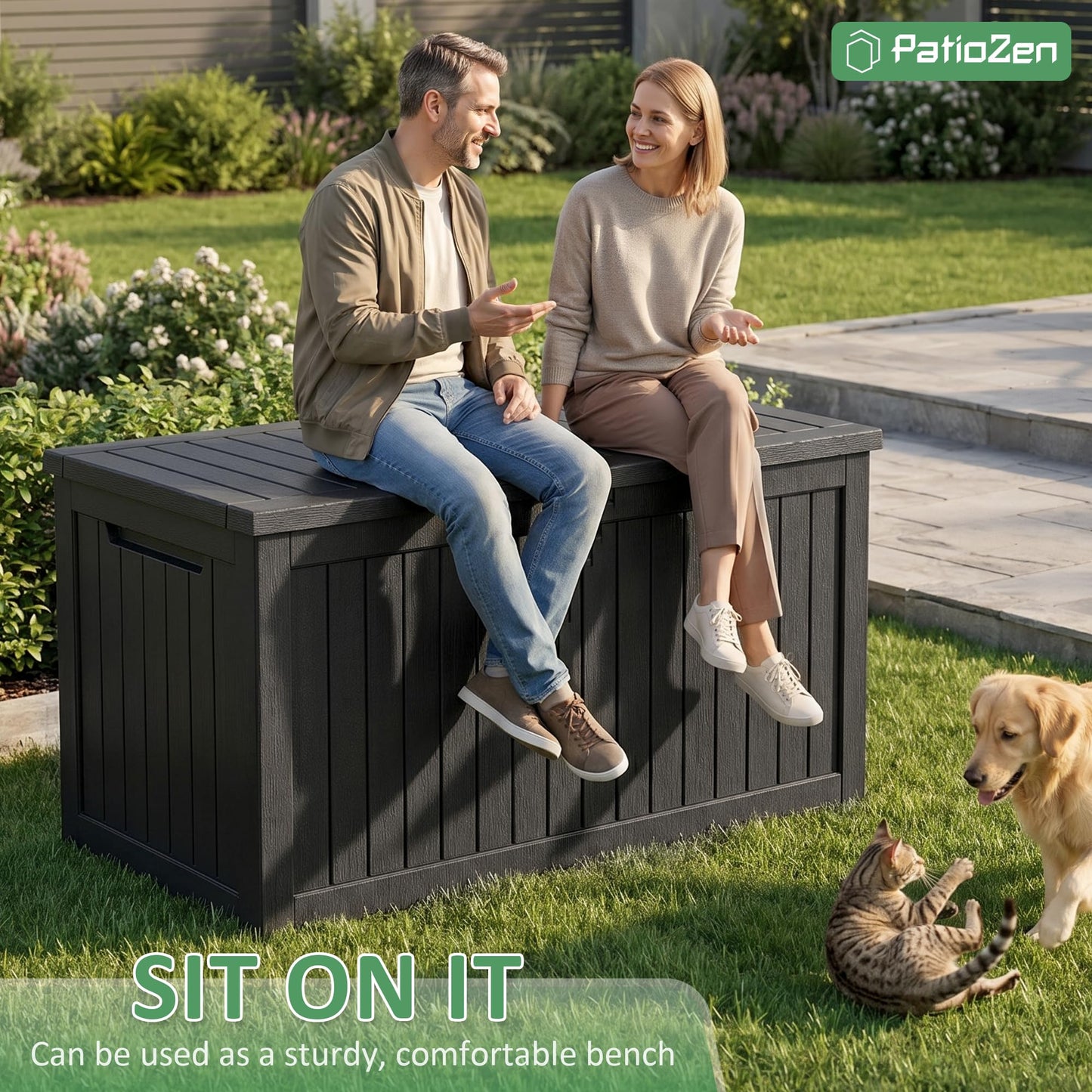 PatioZen 280 Gallon Deck Box Outdoor Storage Box, Waterproof and UV Resistant, Lockable&Resin for Patio Cushions Storage Furniture, Garden Tools, Pool Supplies(Black, 280 Gallon)
