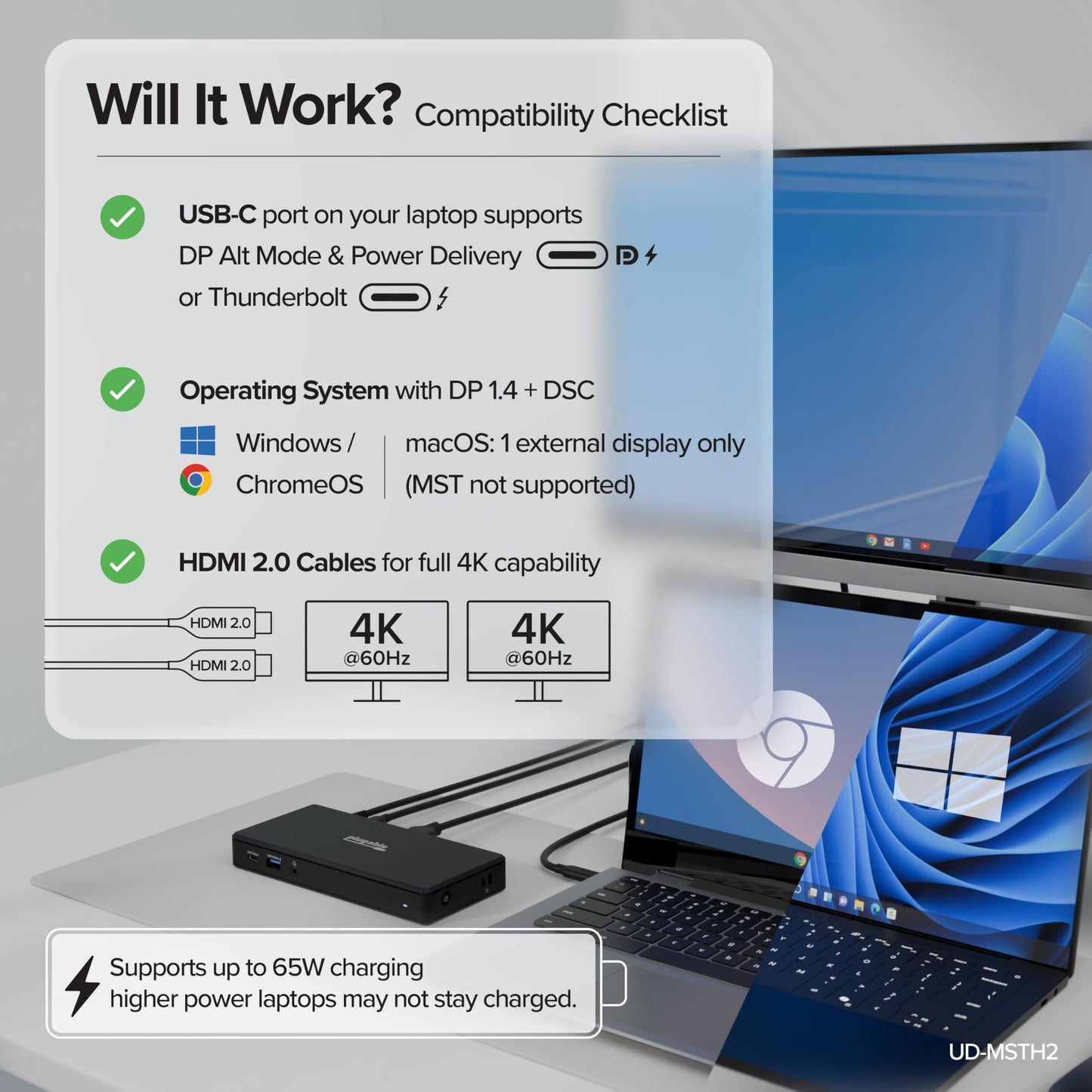 Plugable USB-C Docking Station Dual 4K 60Hz HDMI, 65W Charging, Gigabit Ethernet, 1x USB-C 5Gbps, 3X USB-A, Audio, Windows/ChromeOS, USB-C/USB4/Thunderbolt, Driverless (UD-MSTH2)