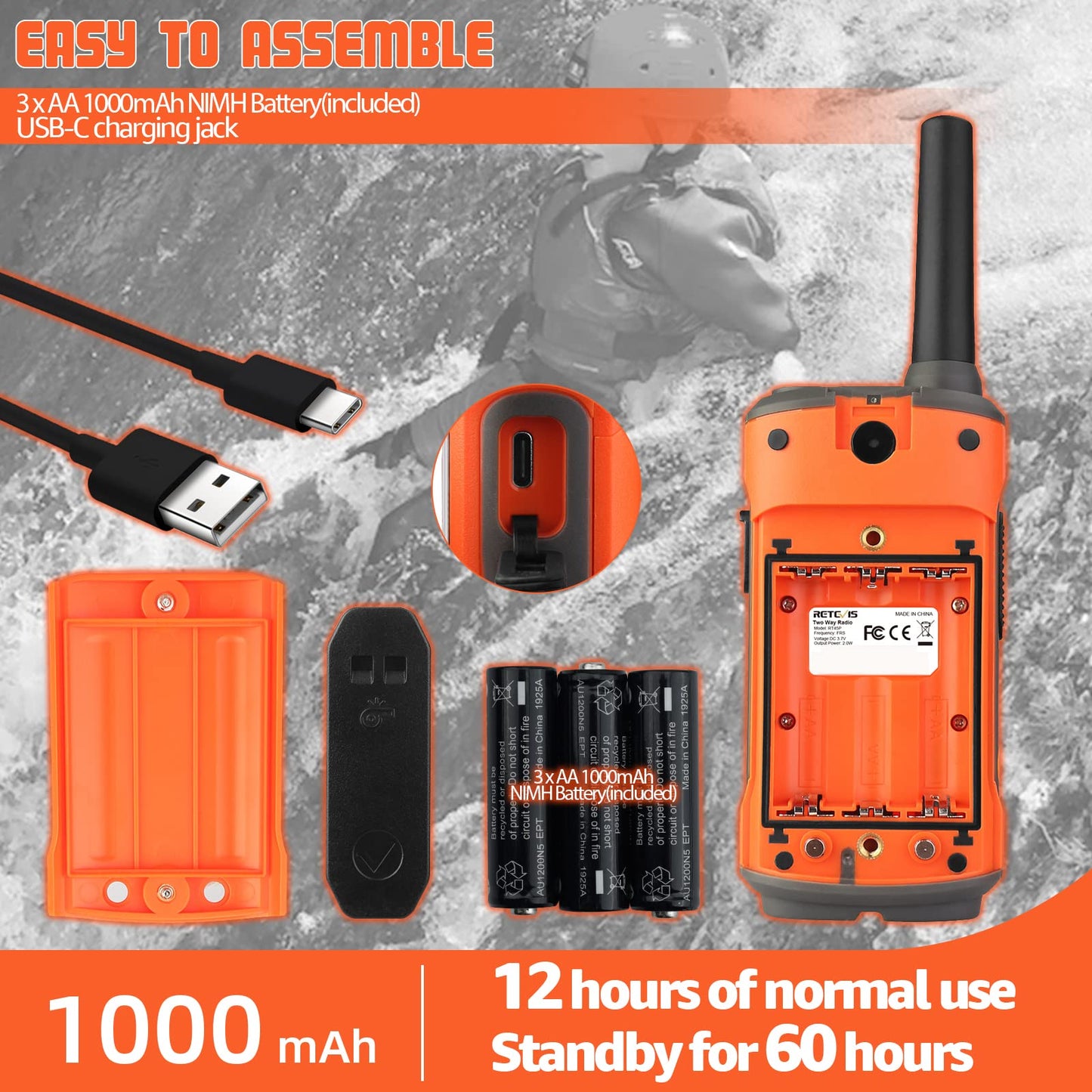 Retevis RT45P Waterproof 2 Way Radio, Long Range Walkie Talkie, IP67, 1000mAh, NOAA Weather Alert, SOS Alarm, USB-C, Rechargeable Two Way Radios for Kitesurfing, Beach 4 Pcs