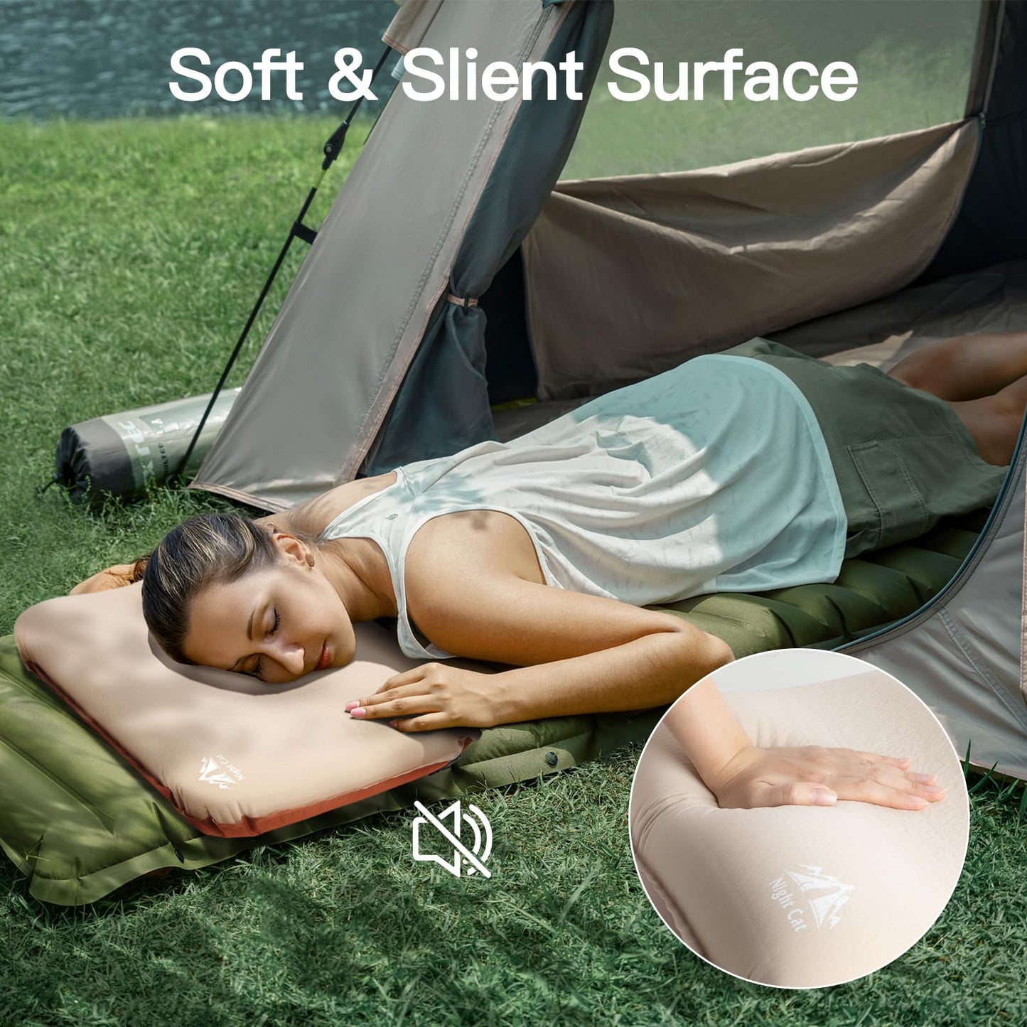 Night Cat Camping Cot Tent with Self-Inflating Sleeping Pad and Self-Inflatable Camping Pillow Camping Sleeping Bag Waterproof 1-Person Off-Ground Combo Cot Bed for Adults Portable Easy Set-up Tent