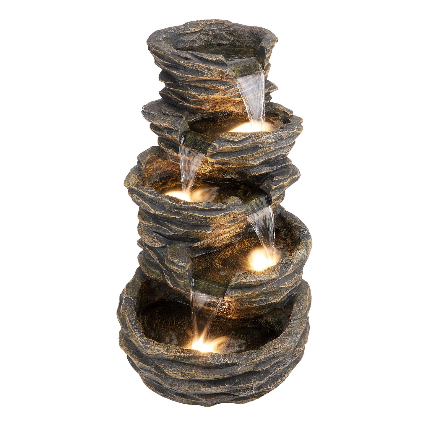 Alpine Corporation 39" Tall Outdoor 5 Tiered Natural Look Rock Water Floor Fountain with Replaceable Lights, Brown