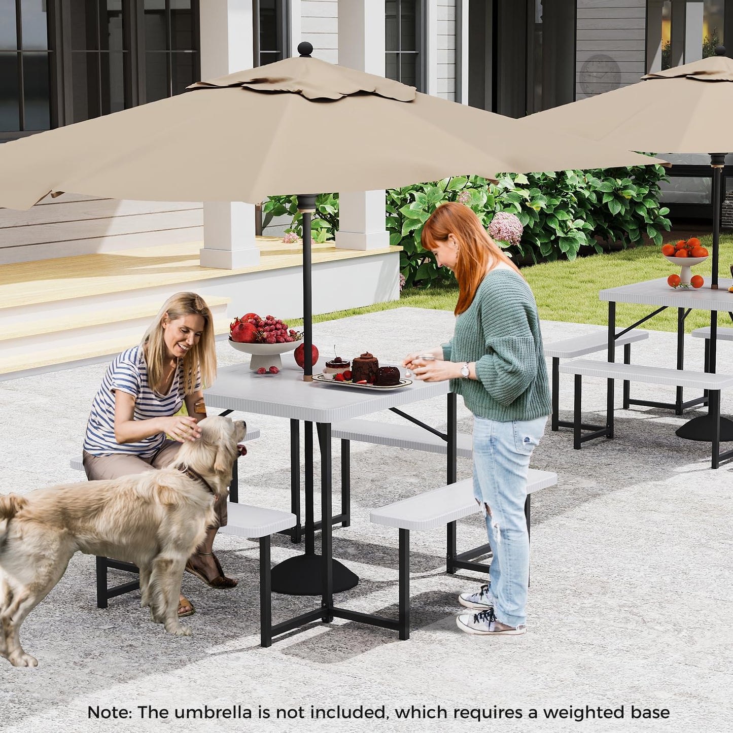 Giantex Picnic Table Bench Set for 4-8 People, 34" Outdoor Square Dining Table & 2 Benches w/Umbrella Hole, HDPE Tabletop, Metal Frame, Patio Camping Furniture for Backyard Porch Lawn (White,Square)