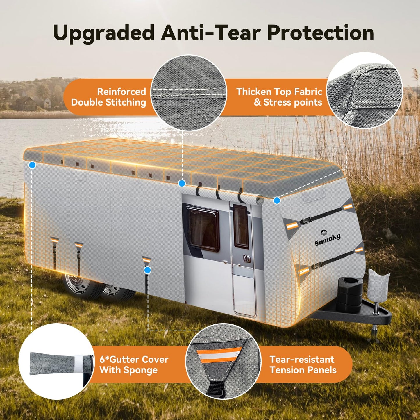 Travel Trailer Cover 18-20 FT, Heavy Duty 7-Layer RV Cover, Rip-Stop Camper Cover, Windproof with 5+2 Straps, UV & Snow Protection, Fits Rooftop A/C