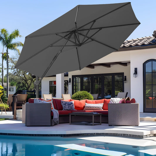 wikiwiki 11 FT Cantilever Patio Umbrella, Offset Umbrella Outdoor Patio, 6-Level 360°Rotation Heavy Duty Large Umbrella with Cross Base, Grey