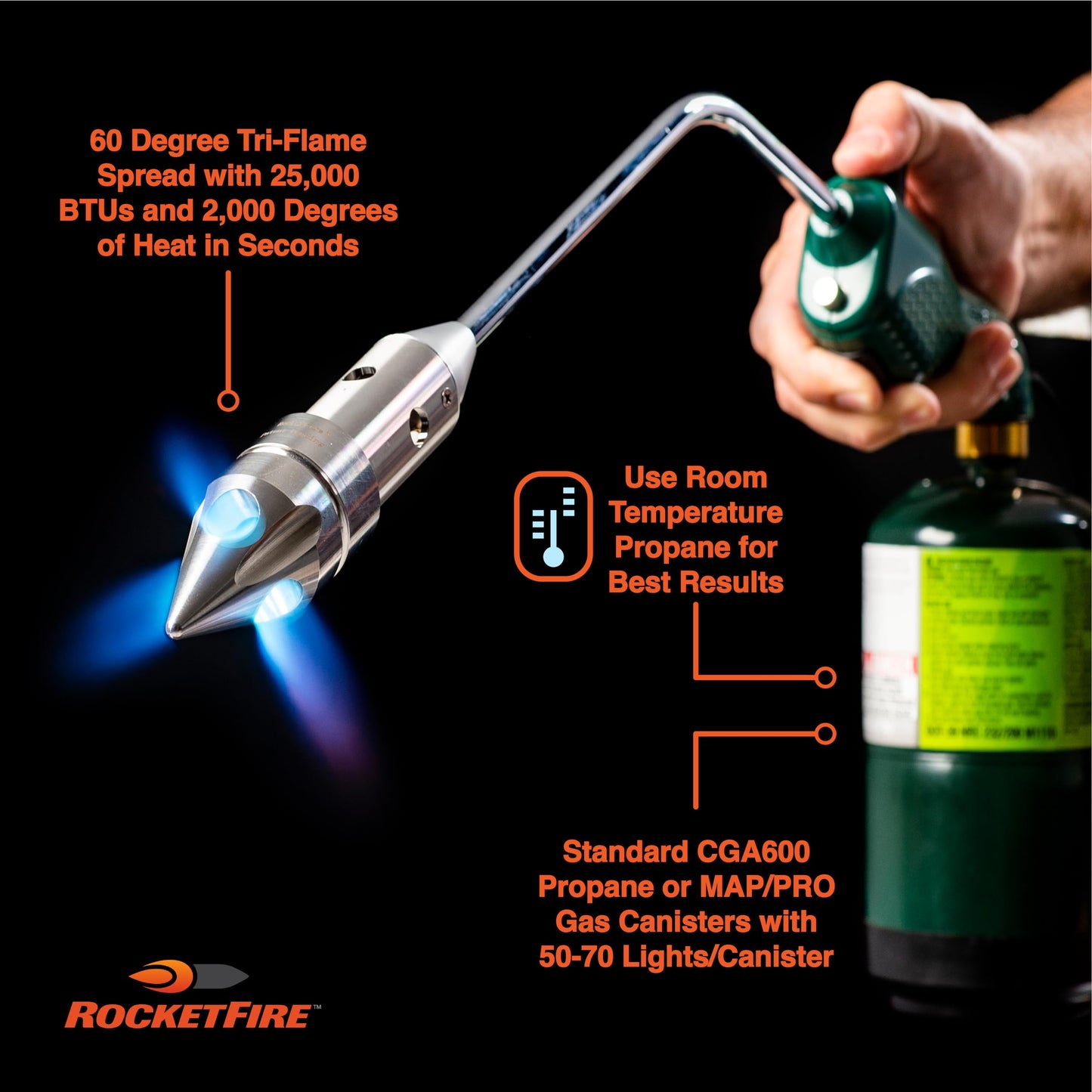 ROCKETFIRE Fire Starter Torch | Perfect Propane Torch Head, Grill Gun, Charcoal Torch | Compatible with Bernzomatic Propane & MAP/PRO Fuels | Stainless Steel Tri-Flame Tip | Fuel NOT Included | Black