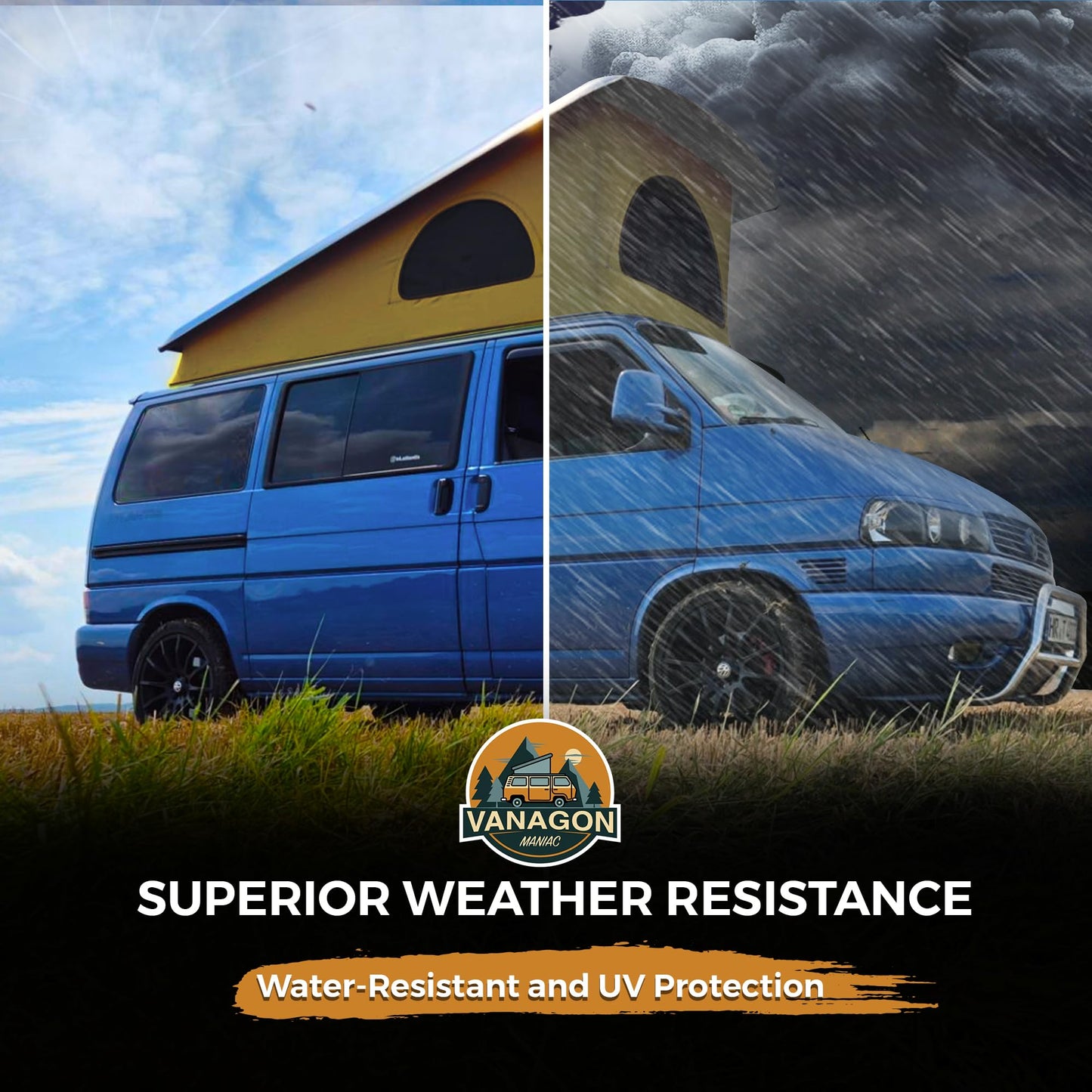 Roof Top Tent Camping 3 Window Roof Tent Pop Top Camper Gold Canvas Compatible with VW T4 Eurovan Weekender Short Wheel Based SWB Camper - Black Mosquito Net, 2 Person Rooftop Tents