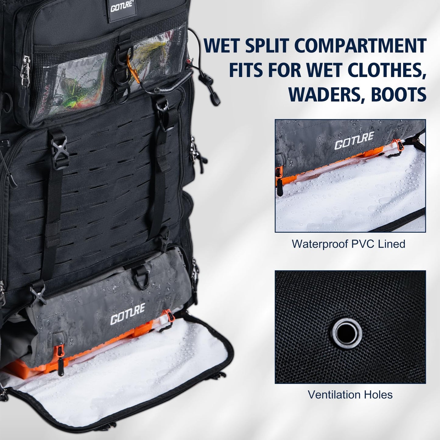 Goture Fishing Backpack with Cooler, 72L 600D Tackle Backpack Included 4 3700 Tackle Boxes, Dry & Wet Split Compartment, Large Fishing Tackle Bag with Rod Holders,Rain Cover for Travel Camping Hiking