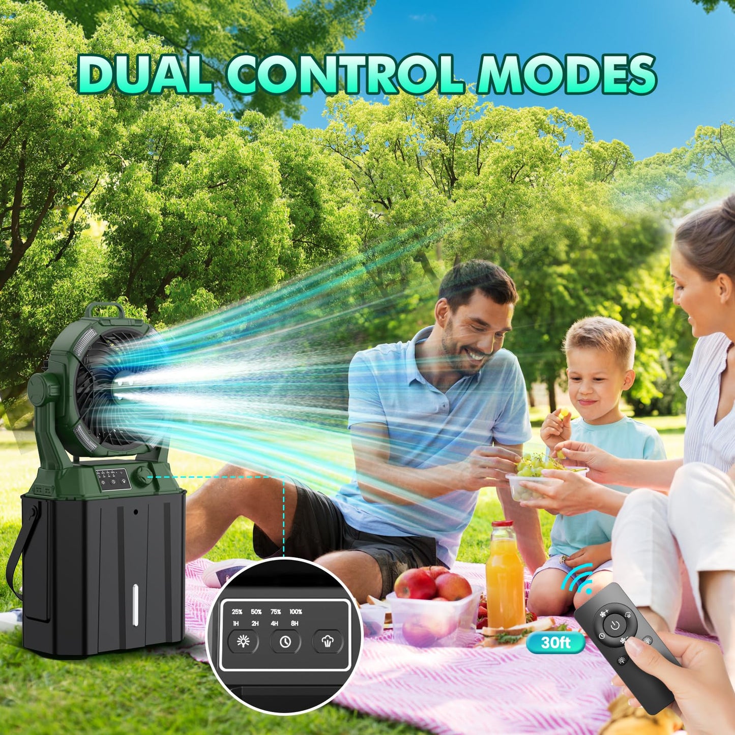 Wilody Portable Misting Fan Rechargeable with Remote Control, 6L Bucket Camping Fan with LED Lights & Stepless Speed Control & Cooling Mist, Portable Handle & Rotate Hook, Timer Function(Deep Green)