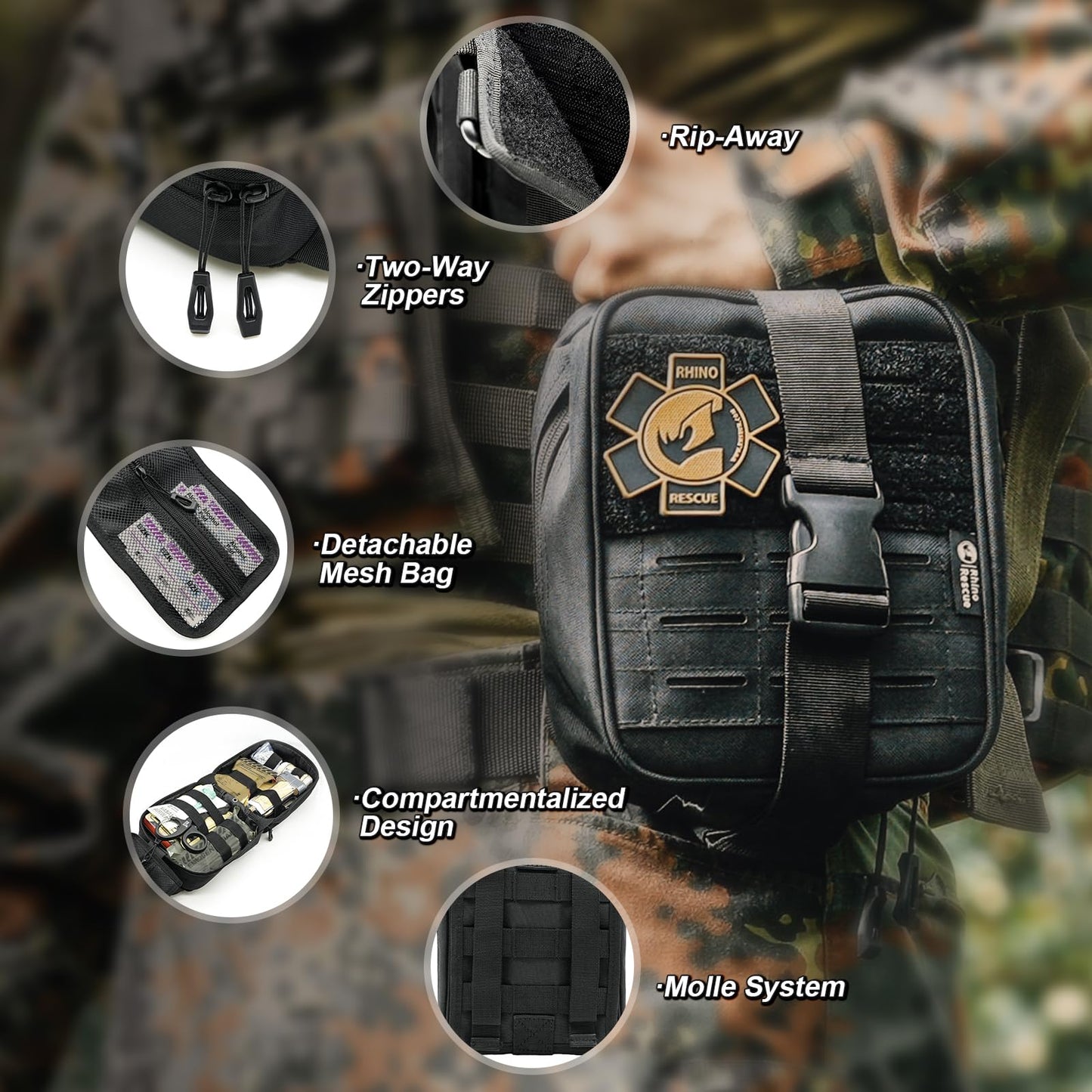 RHINO RESCUE IFAK Trauma Kit with C-A-T Tourniquet for Wound Care, Tactical First Aid Kit Molle Pouch for Military, Combat, Car, Camping, Hiking, Travel(Camouflage)