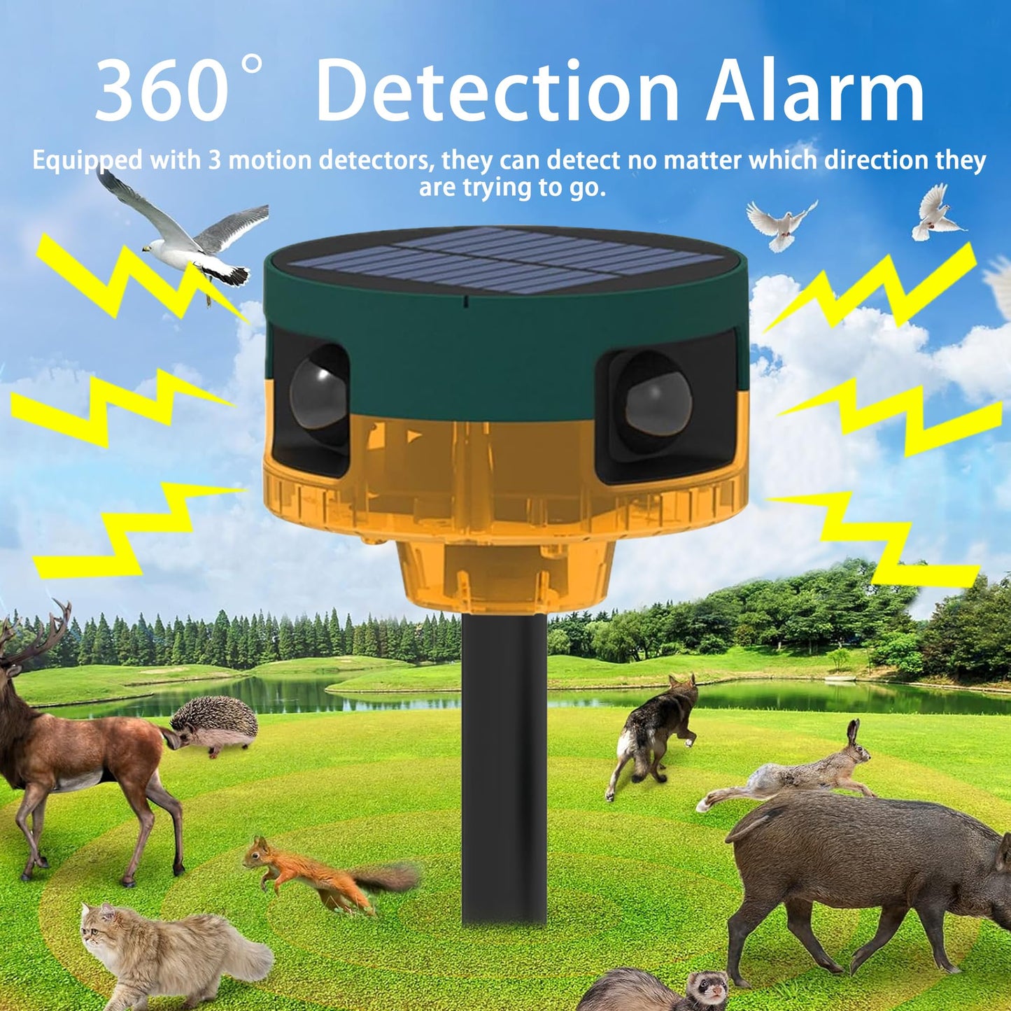 QXMH Solar Outdoor Motion Sensor Alarm: Dog Barking&Gunshot Sound, 129db Loud Siren,Support Recording, 13 Kinds of Sound Strobe Light。4PCS