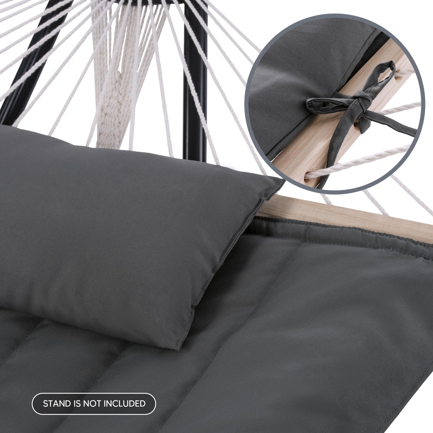 SUNCREAT Hammocks 2 Person Hammock with Hardwood Spreader Bar, Double Rope Hammock with Polyester Pad, Dark Gray
