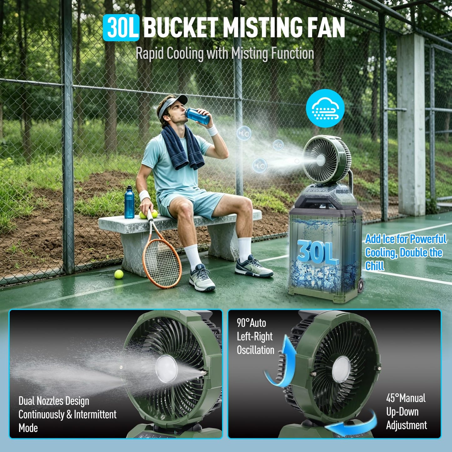 ZMLBTF 30L Portable Misting Fan, Bucket Rolling Mist Fan, 30000mAh Rechargeable Outdoor Cooling Fan with Remote, 4 Speeds, 3-Speed Light, for Patio, Camping, Sports, Outside & Travel(Green)